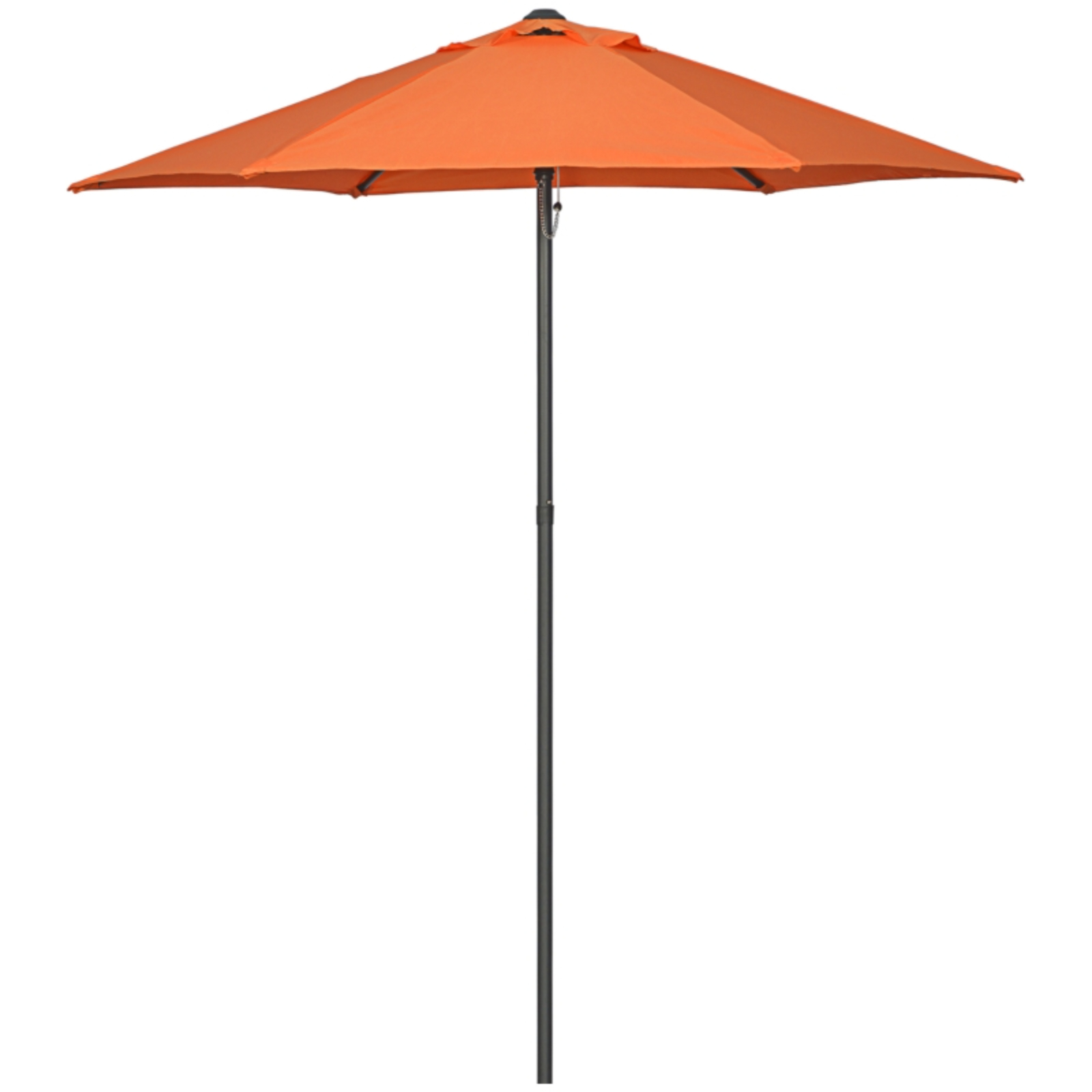 Oranger Sonnenschirm mit schwarzem Pfosten. Isoliert auf weißem Hintergrund.