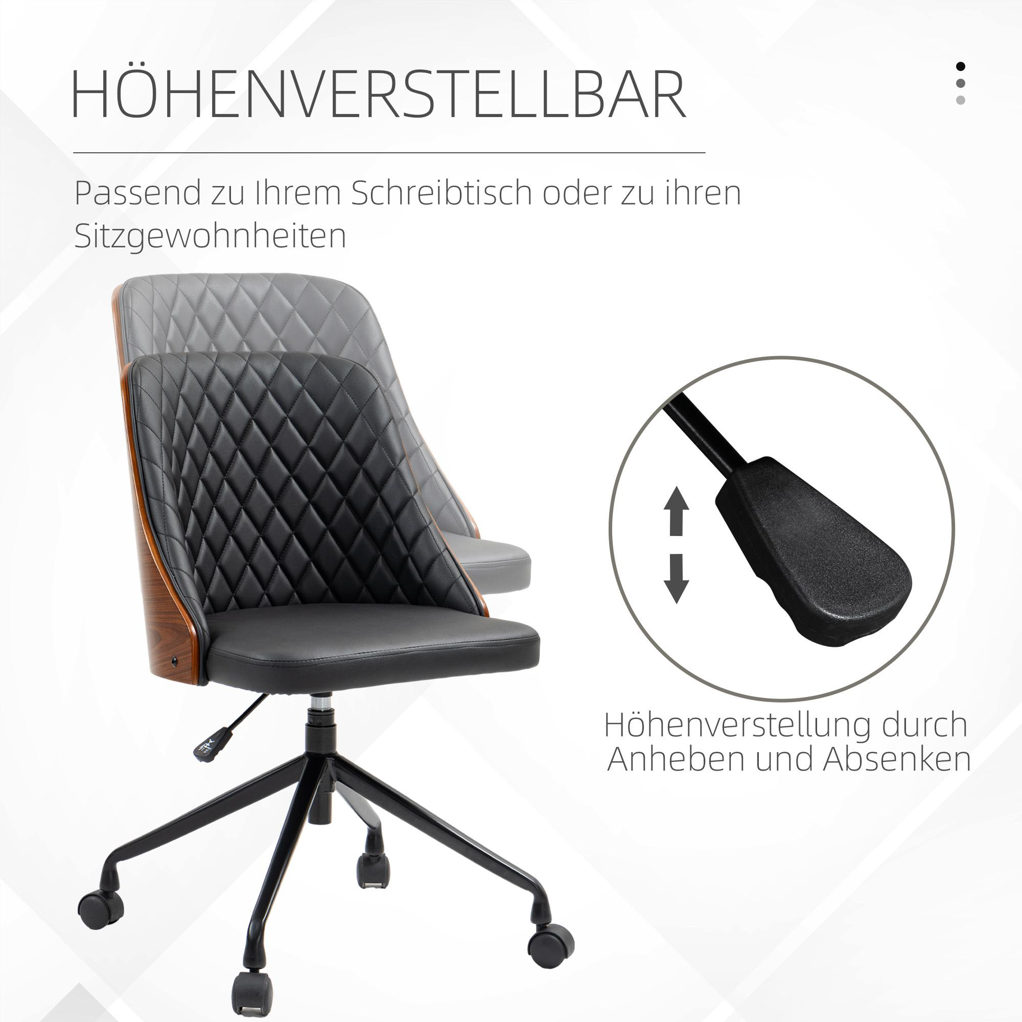Schwarzer Bürostuhl mit Holzrücken. Er hat ein schwarzes Gestell und steht auf Rollen. Höhenverstellbar.