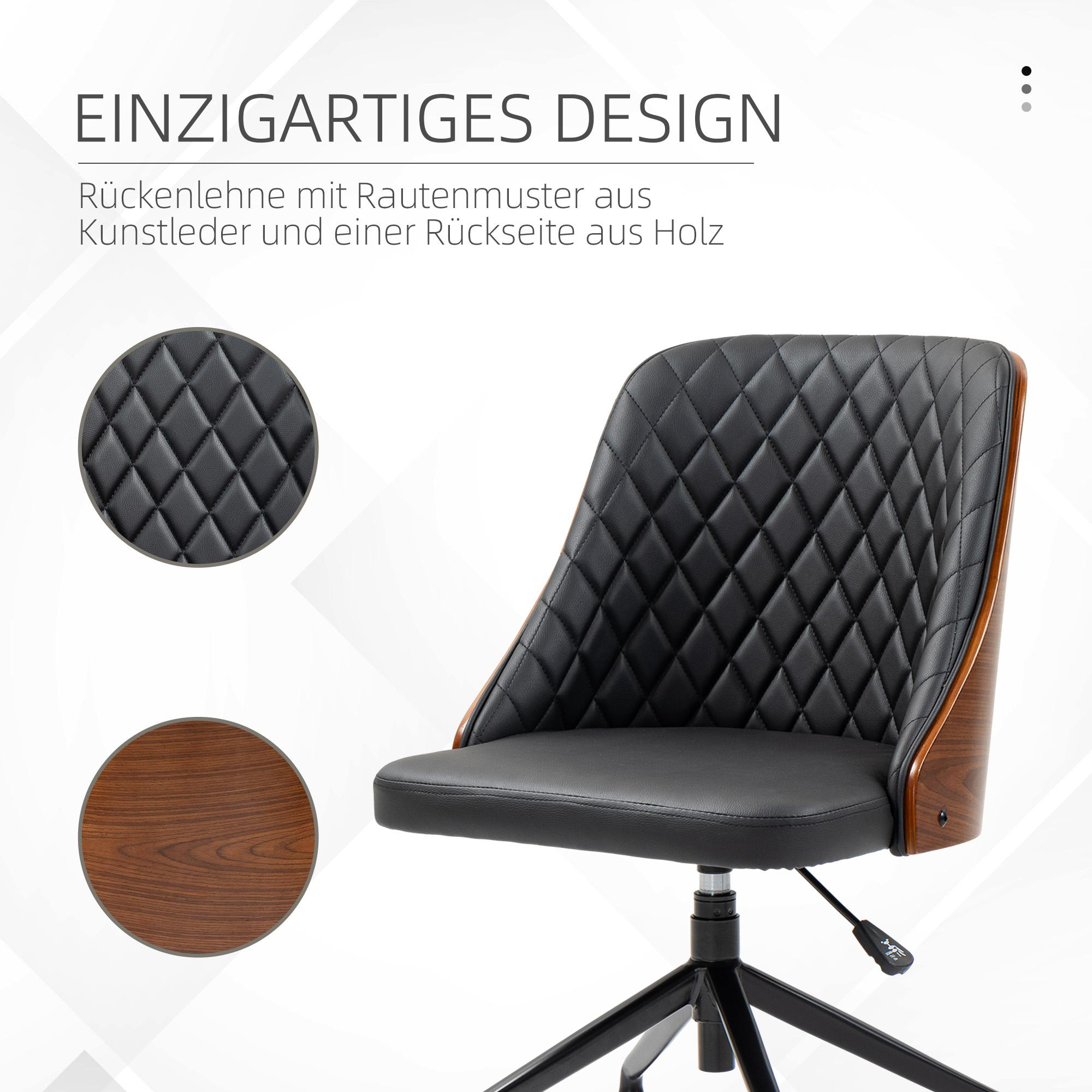 Schwarzer und hölzerner Bürostuhl mit Rautenmuster auf der Rückenlehne. Der Stuhl hat ein schwarzes Gestell.