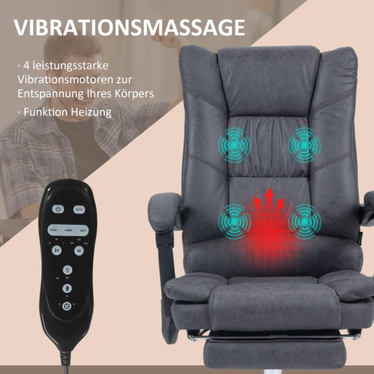 Bürostuhl mit Vibrationsmassagefunktion. Ein Mann ist im Hintergrund. Der Stuhl ist grau mit Maßen.