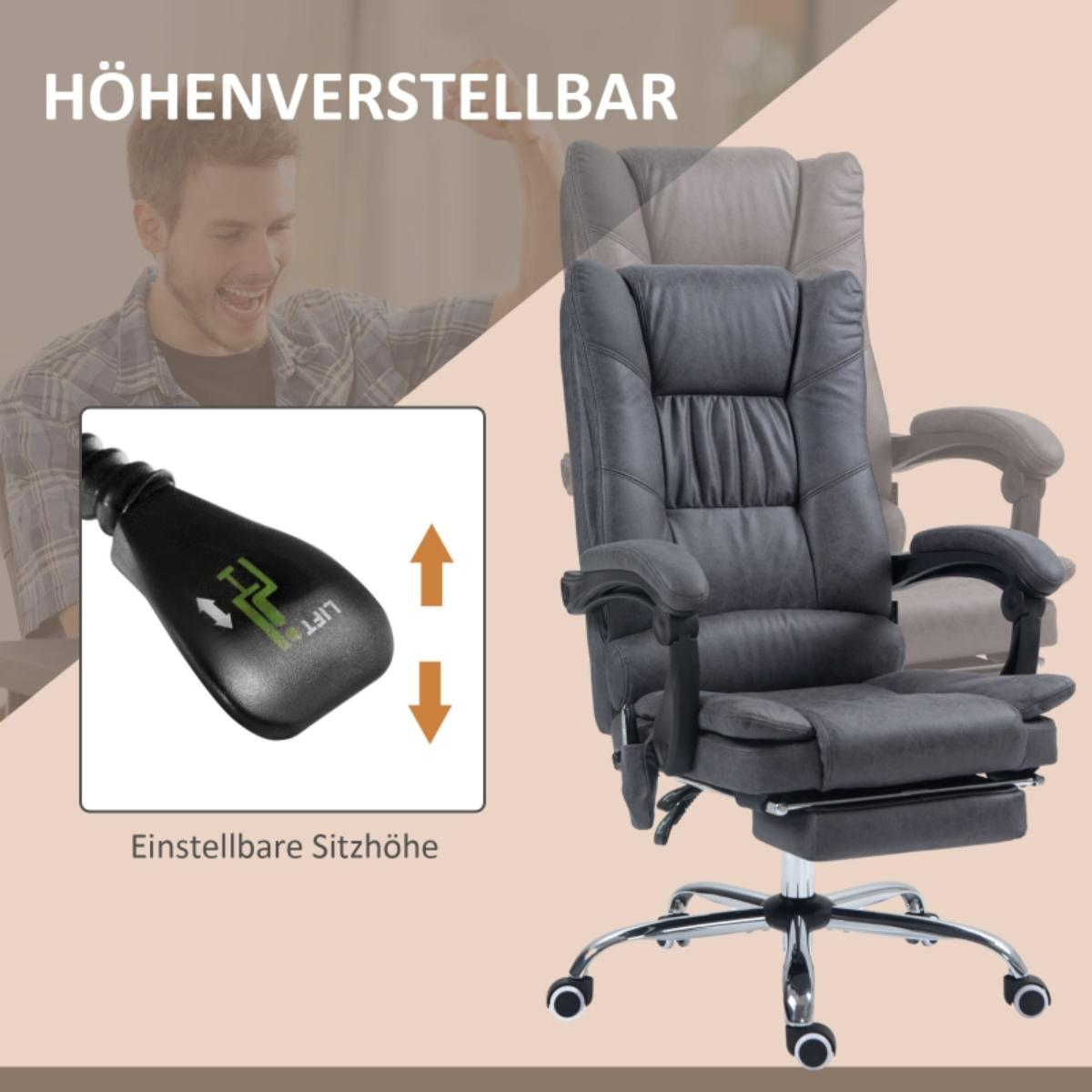 Höhenverstellung des Bürostuhls gezeigt. Ein Mann lächelt im Hintergrund. Der Stuhl ist grau mit Maßen.