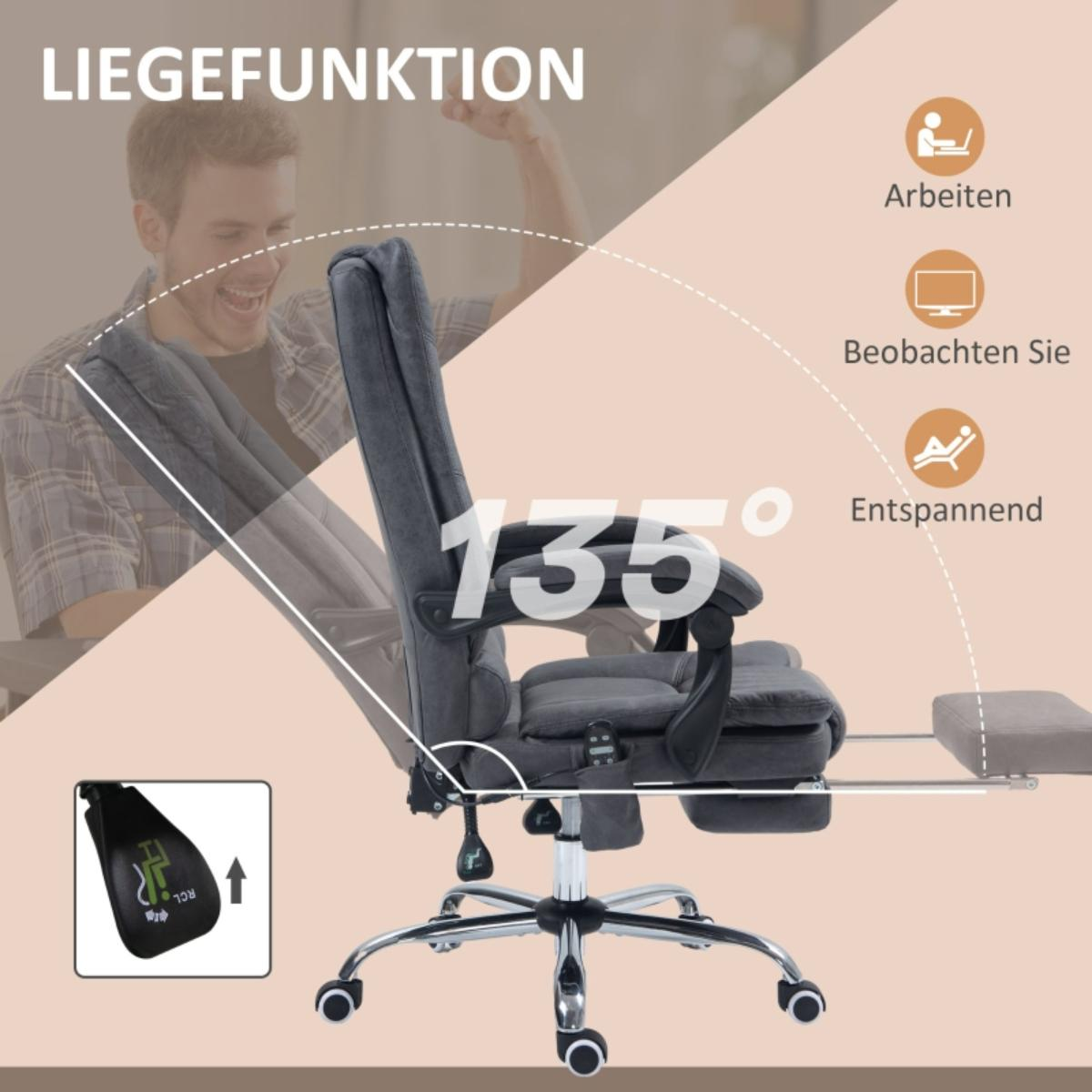Bürostuhl mit Liegefunktion. Ein Mann im Hintergrund. Der Neigungswinkel beträgt 135 Grad.