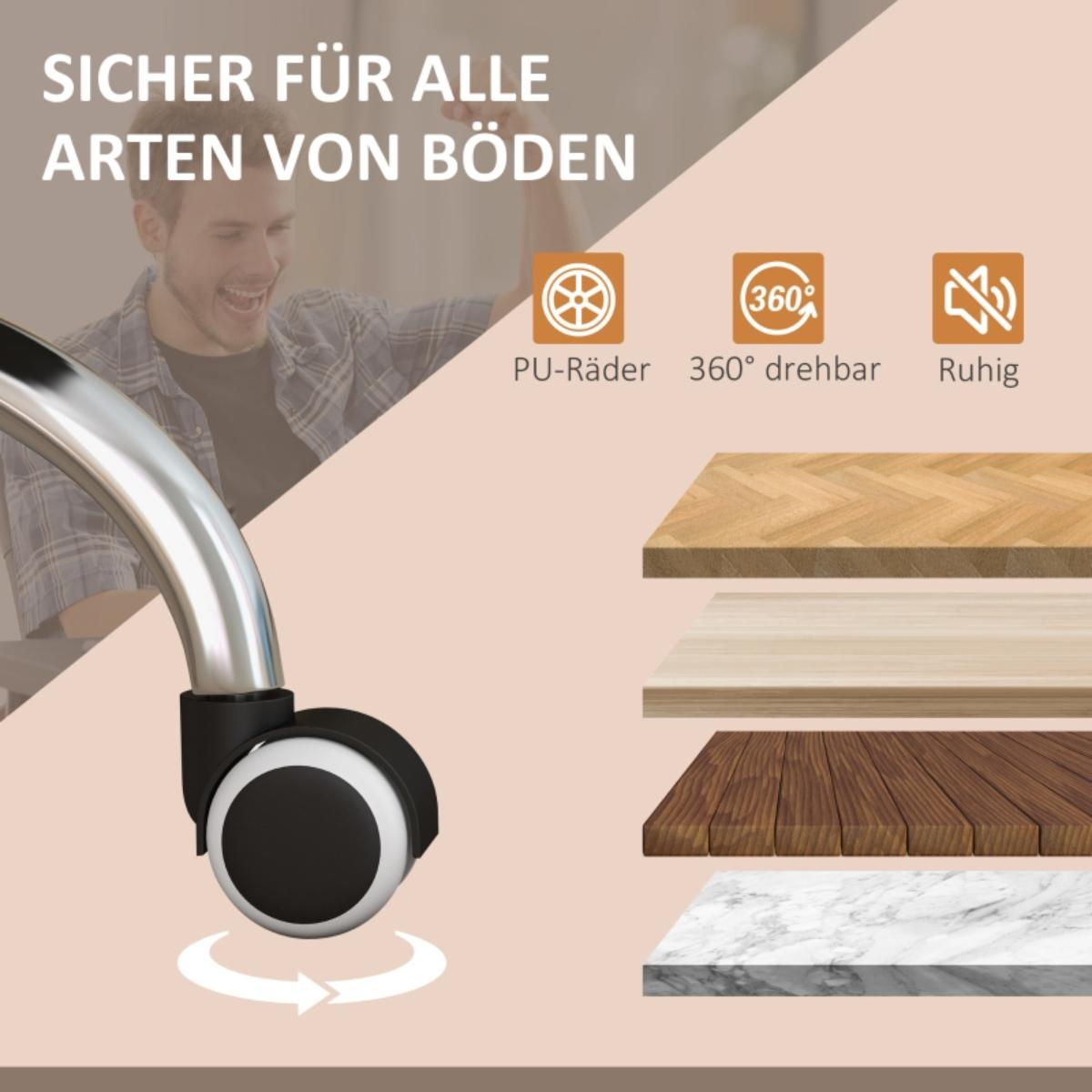 Ein Mann lächelt neben einem Stuhl mit Rollen. Icons zeigen PU-Räder, 360° Drehung und Ruhe.