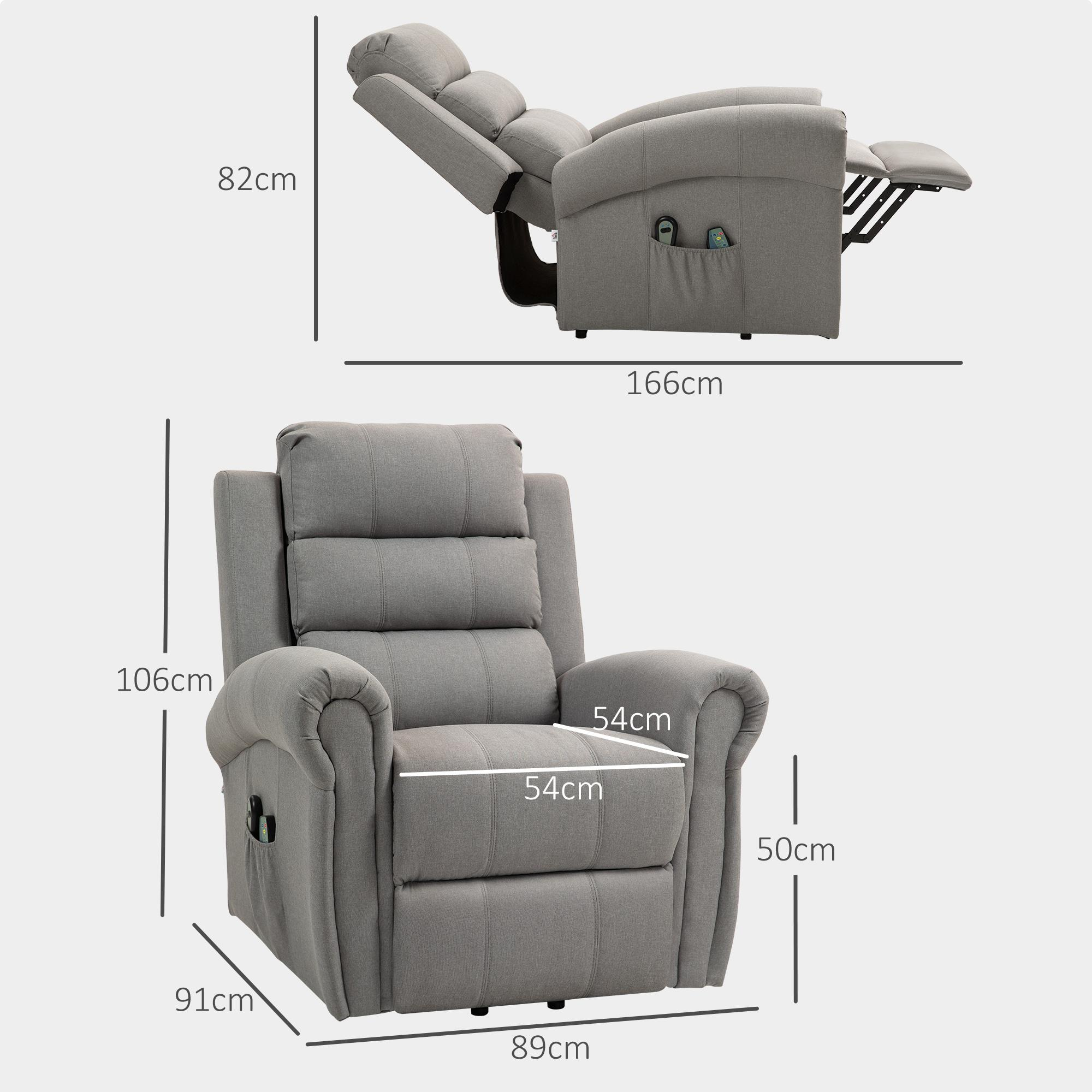 Abmessungen eines grauen Relaxsessels: 106cm hoch, 91cm breit, 89cm tief, 166cm liegend.