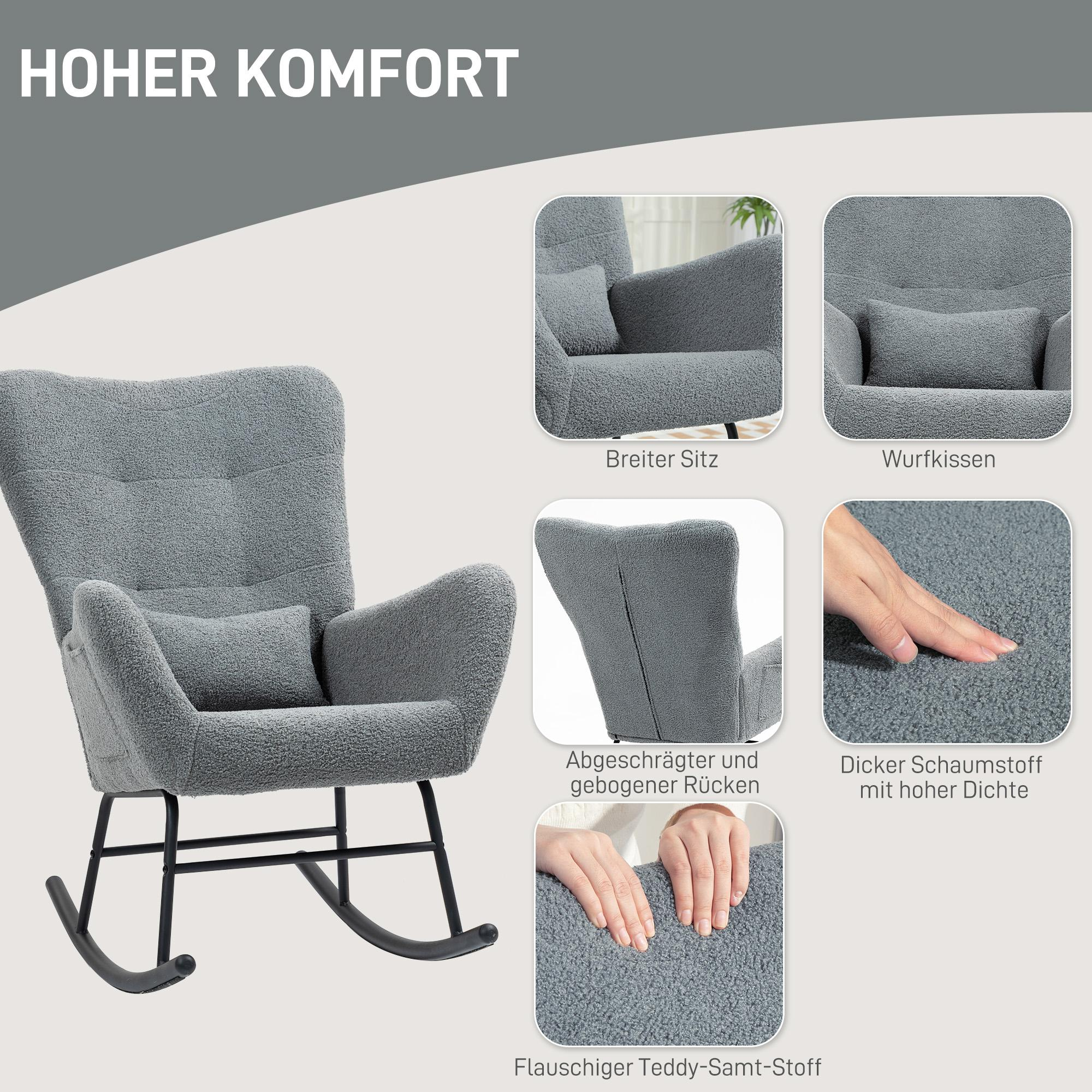 Nahaufnahme eines grauen Schaukelstuhls, der seine Merkmale hervorhebt. Es gibt zusätzliche Einsetzbilder.