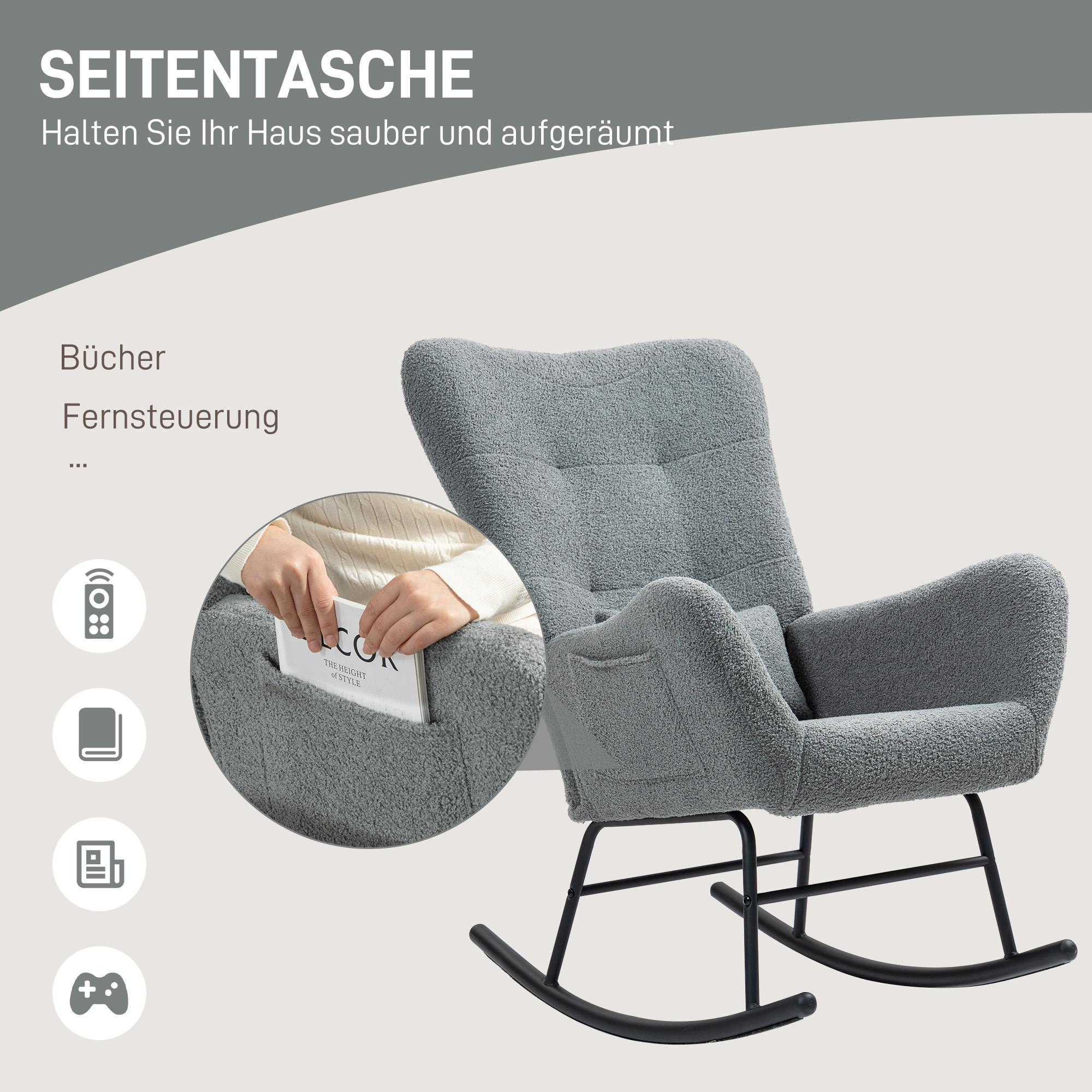 Grauer Schaukelstuhl mit Seitentasche. Die Tasche enthält ein Buch. Der Stuhl hat ein schwarzes Gestell.
