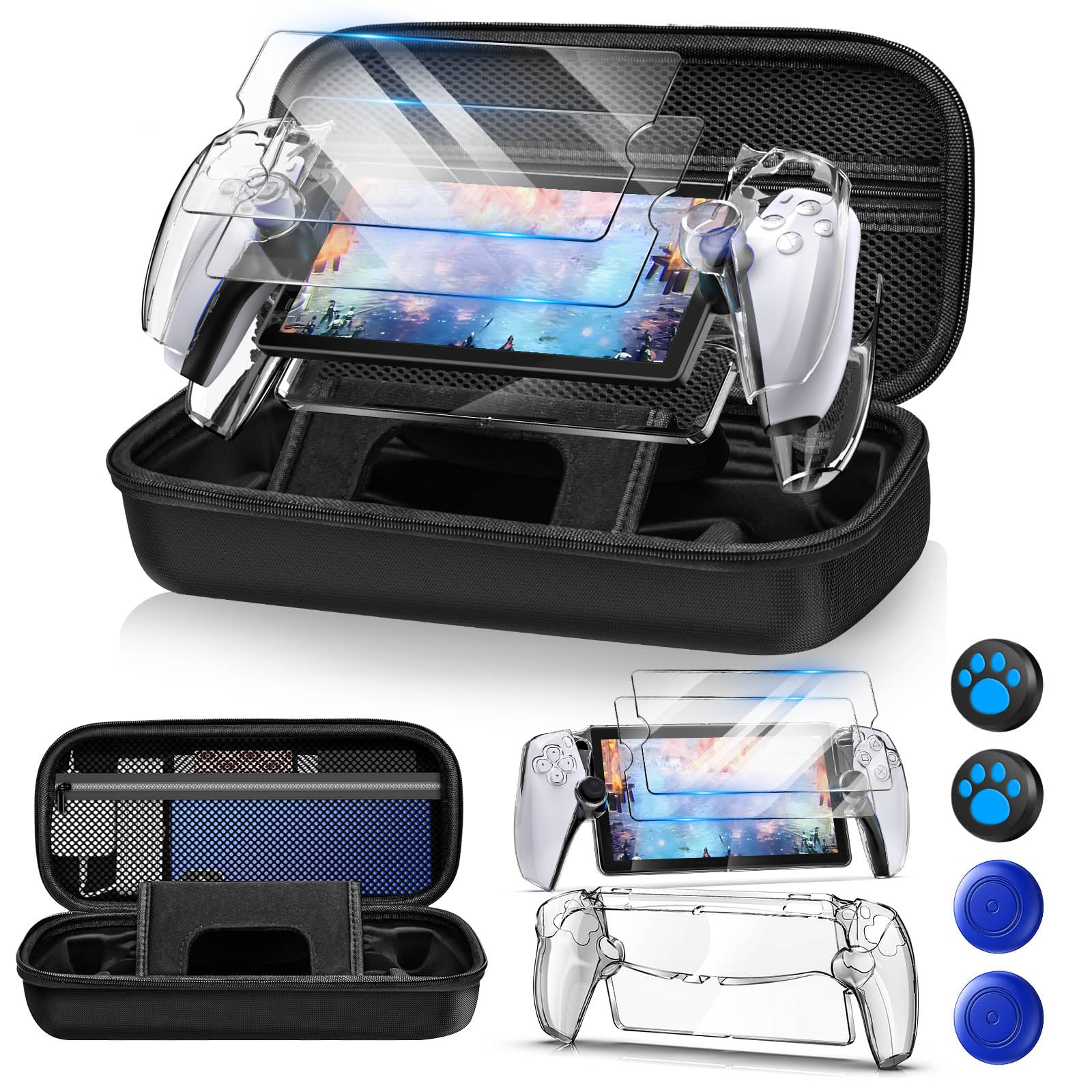 Schwarzes Etui mit Switch und Controllern. Enthält Displayschutzfolien und Daumengriffe. Blaue Pfotengriffe.