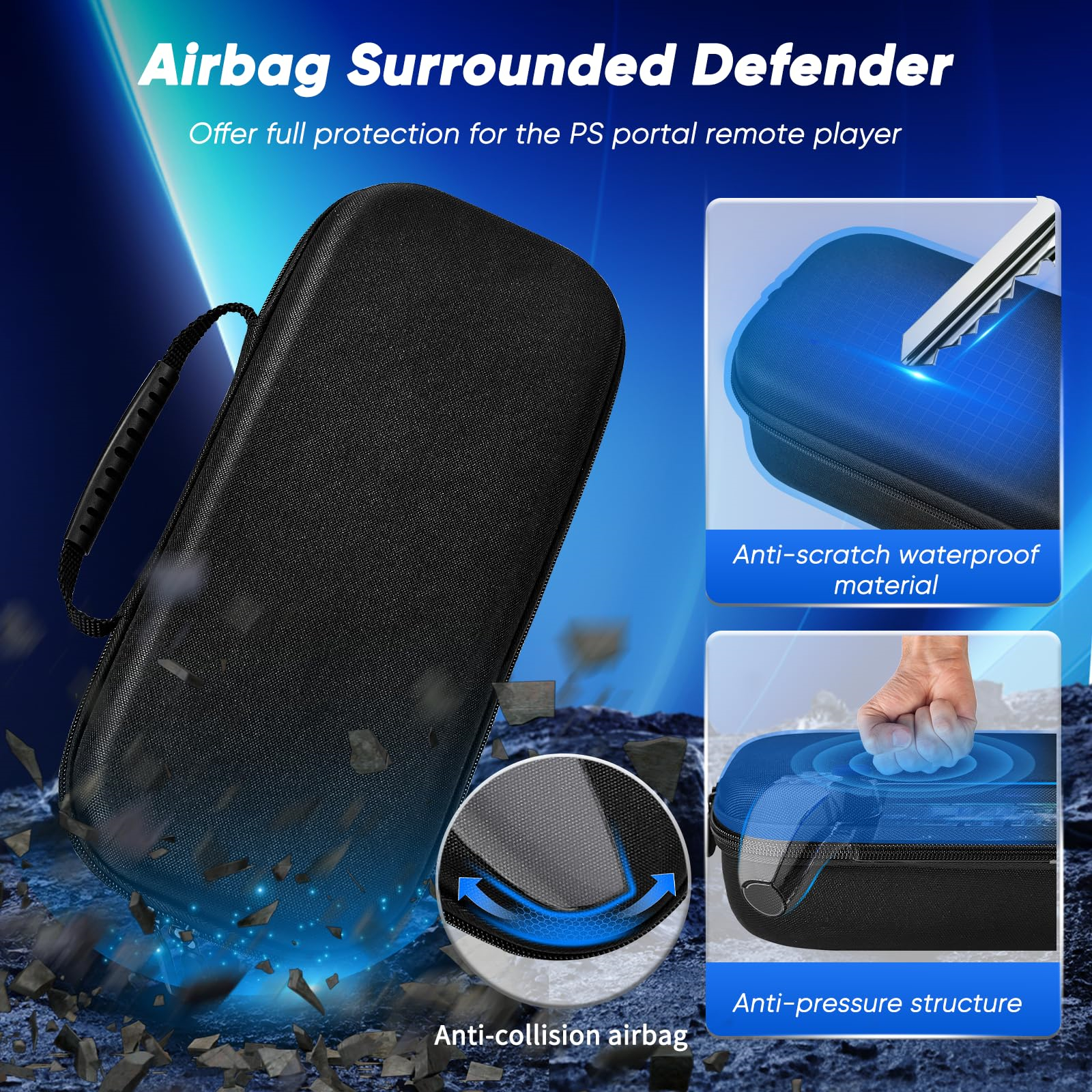 Schwarzes Gehäuse mit Griff. Kratzfestes, wasserdichtes Material mit Anti-Kollisions-Airbag-Struktur.