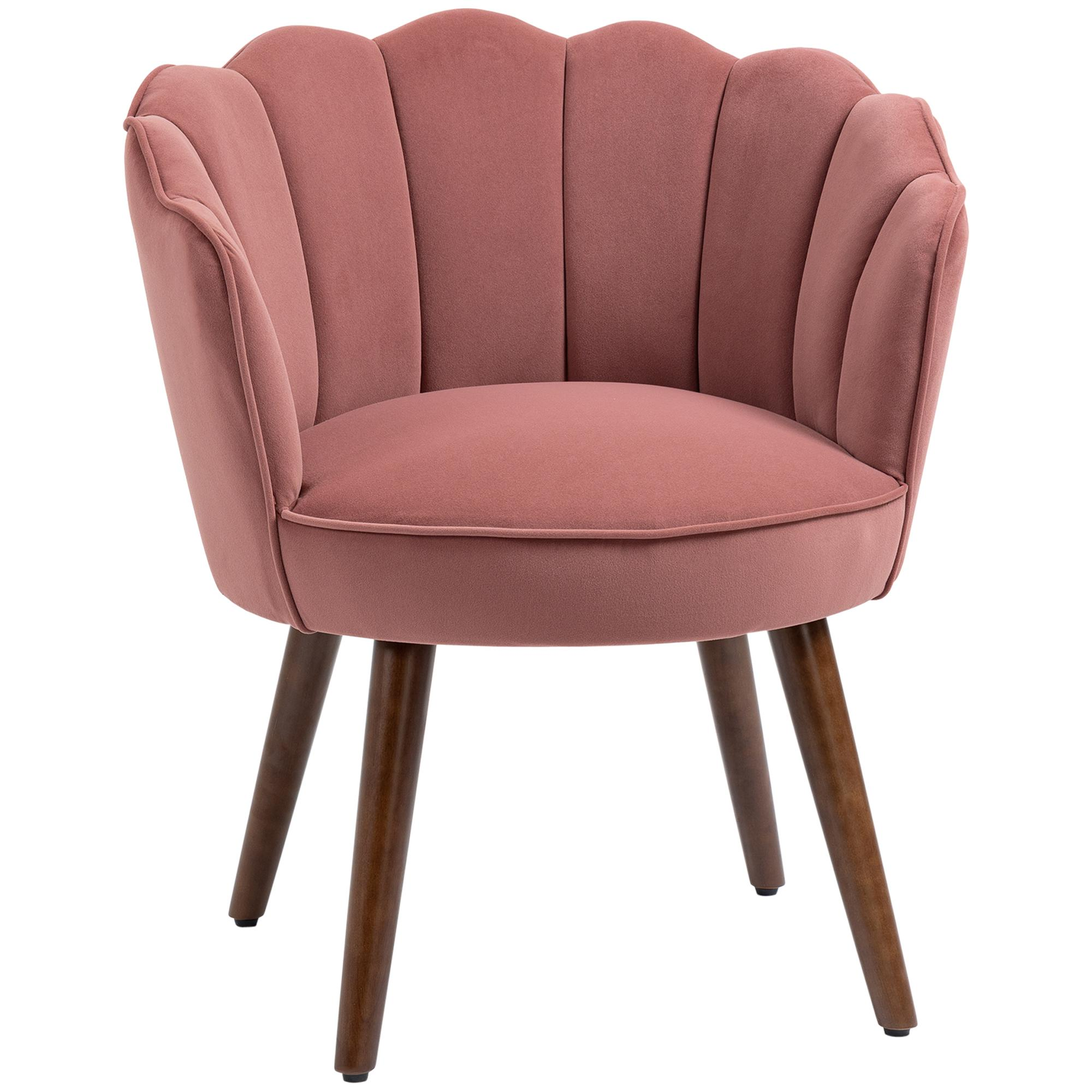 Ein blütenblattförmiger, rosa Stuhl mit Holzbeinen. Er hat einen abgerundeten Sitz und eine geschwungene Rückenlehne.