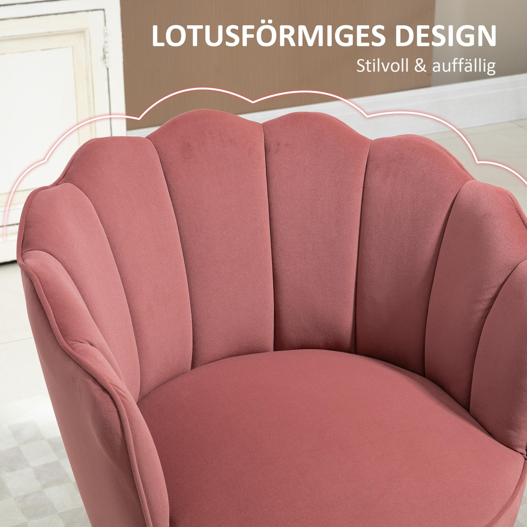 Nahaufnahme eines rosa, blütenblattförmigen Stuhls. Der Sitz ist sichtbar, und das Design wird als lotusförmig und auffällig beschrieben.