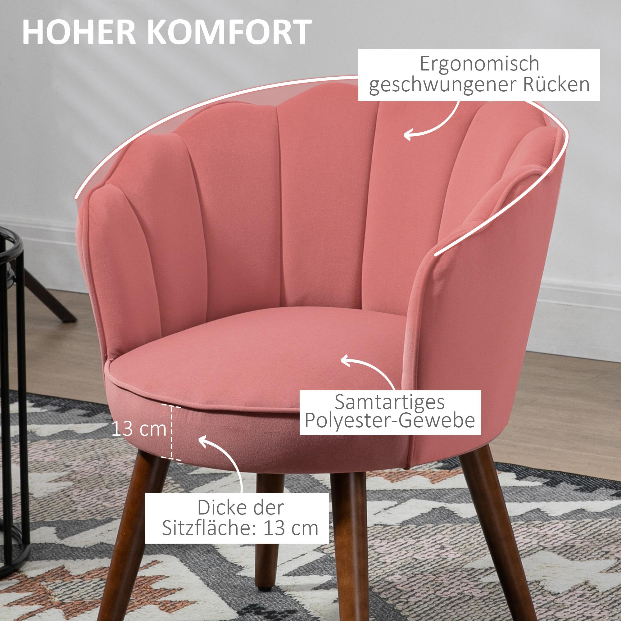 Ein rosa Stuhl mit blütenblattförmiger Rückenlehne und Holzbeinen. Text hebt die Sitzdicke und die Form des Rückens hervor.