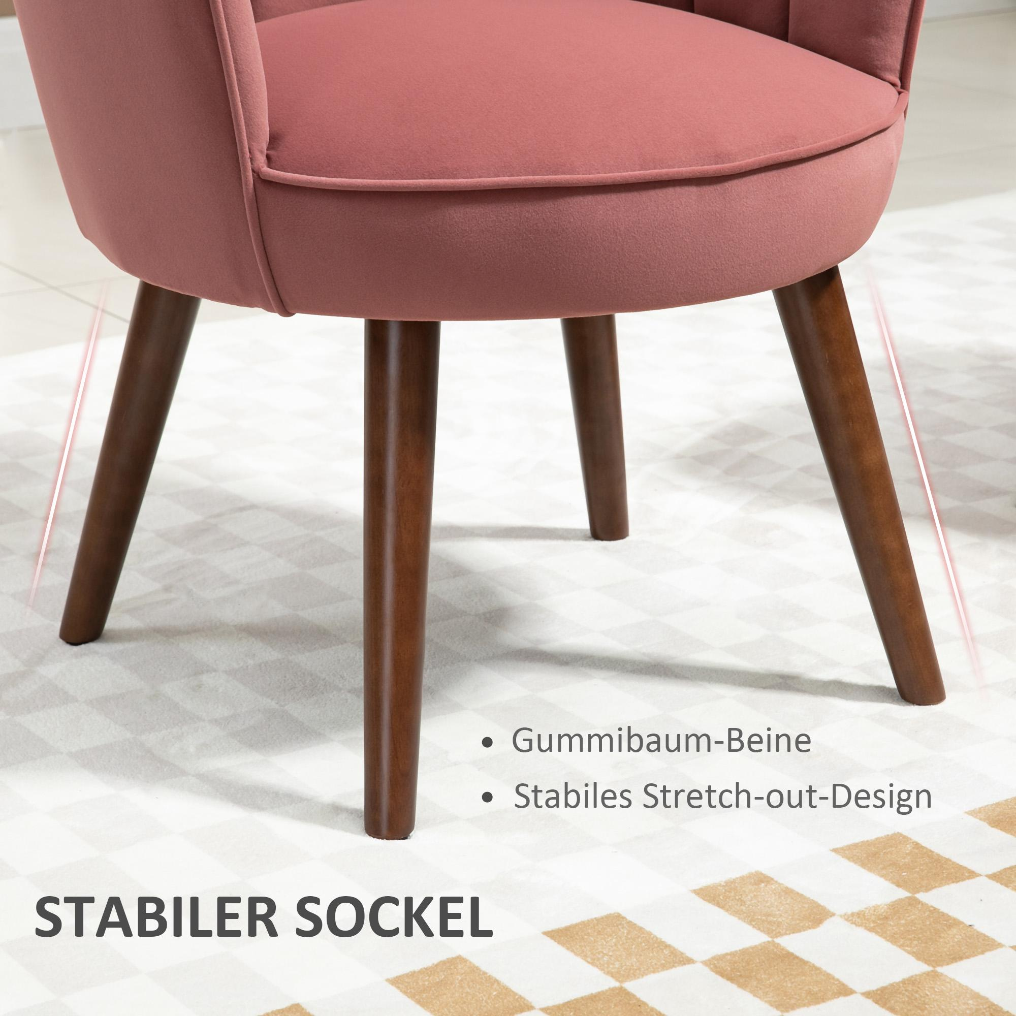 Nahaufnahme der rosa Stuhlbeine und des Teppichs. Text: 'stabiler Sockel'.