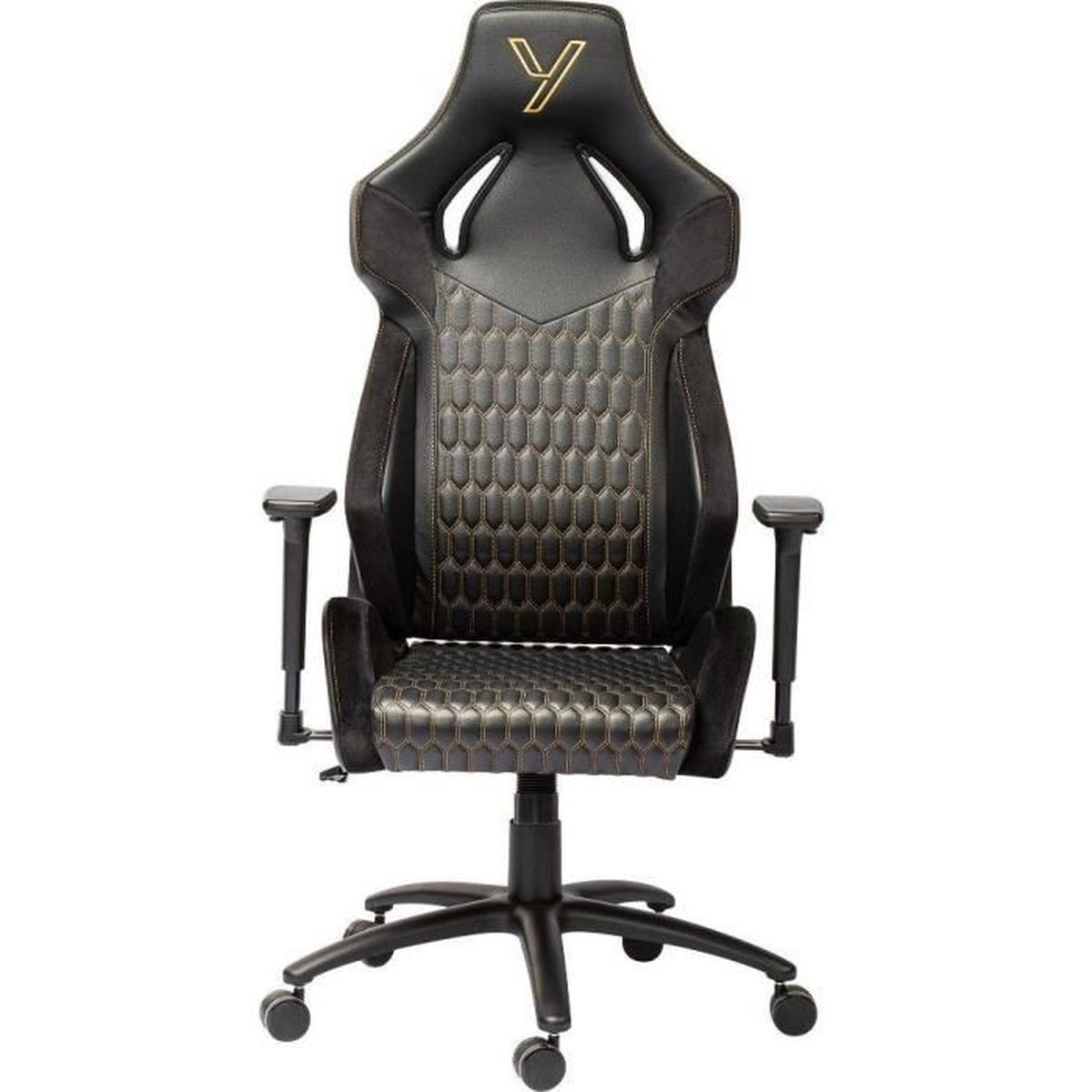 Ein schwarzer und goldener Gaming-Stuhl mit Wabenmuster auf Rückenlehne und Sitzfläche, von vorne gesehen.