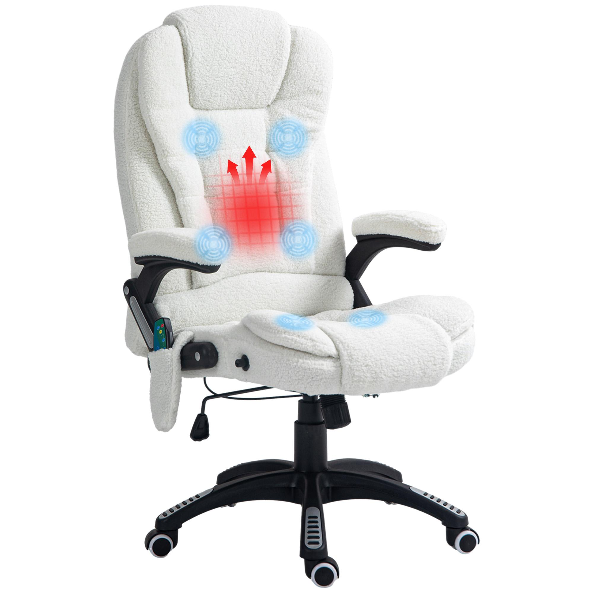 Weißer, flauschiger Massagestuhl mit roten und blauen Lichtindikatoren. Pfeile zeigen Massagepunkte.