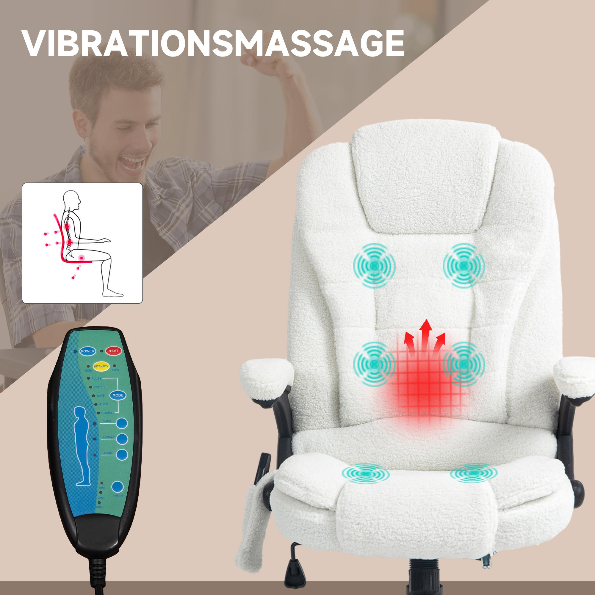 Ein weißer Massagesessel mit einem angeschlossenen Bedienfeld. Der Text oben lautet: VIBRATIONSMASSAGE.