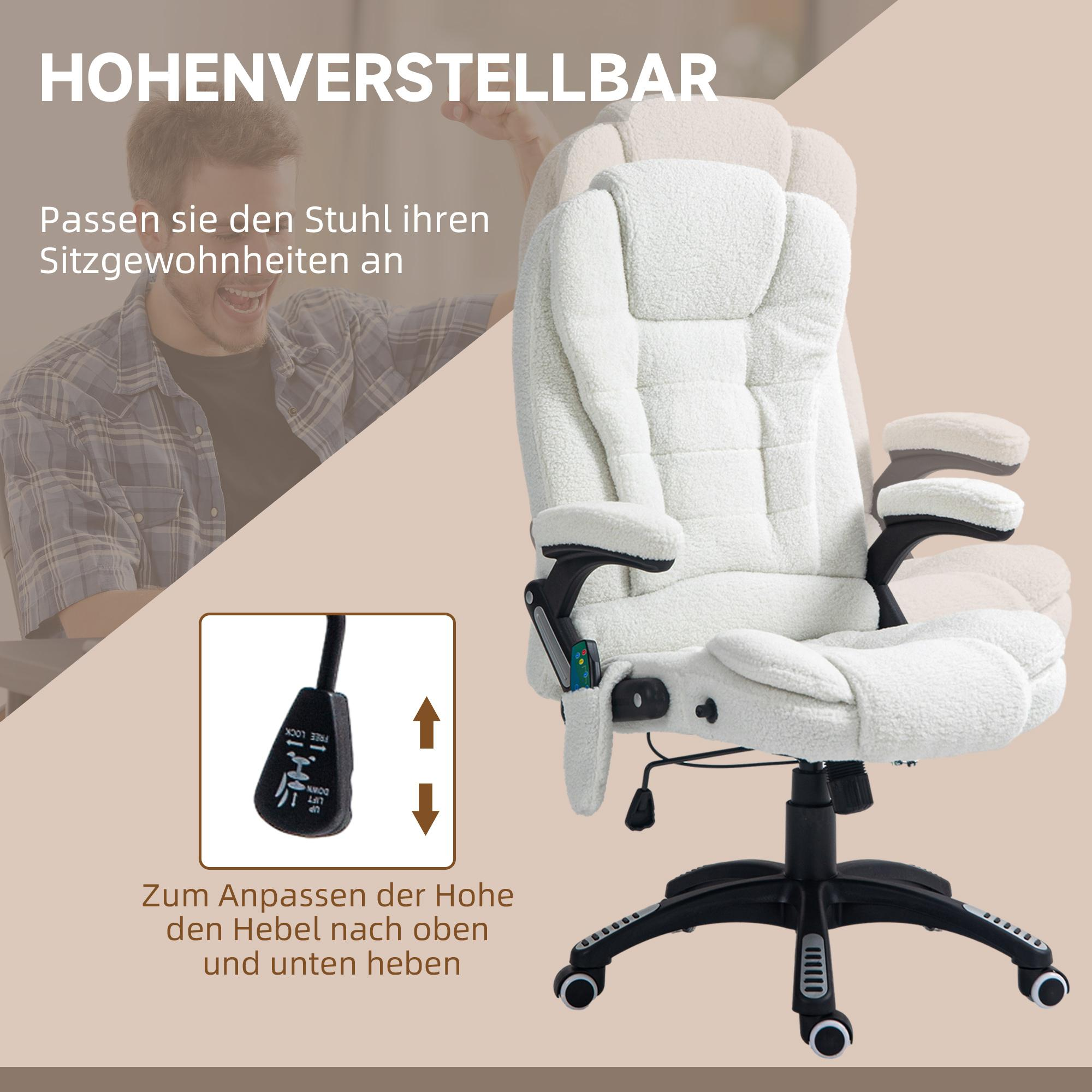 Weißer Bürostuhl mit einem Mann im Hintergrund, der die Höhenverstellung erklärt.