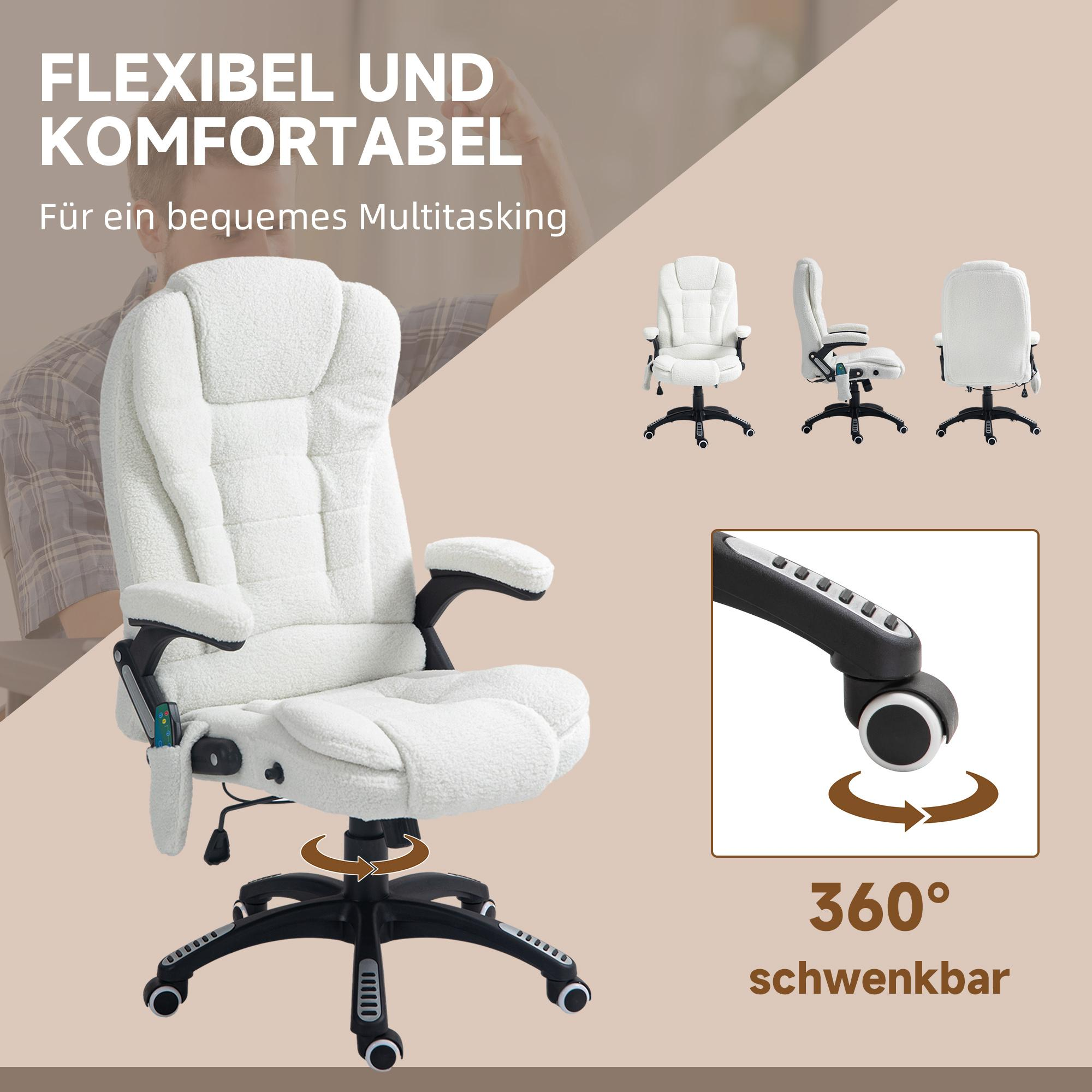 Ein weißer, flauschiger Bürostuhl mit schwarzem Gestell. Zu den Merkmalen gehören 360-Grad-Drehung und Komfort.