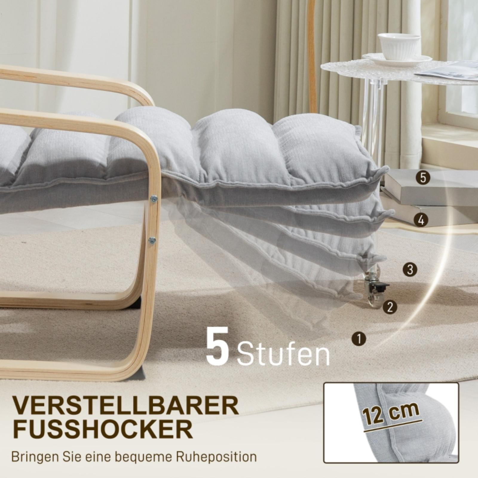 Eine graue, verstellbare Fußstütze mit 5 Stufen, gezeigt mit einem Bein einer Person.