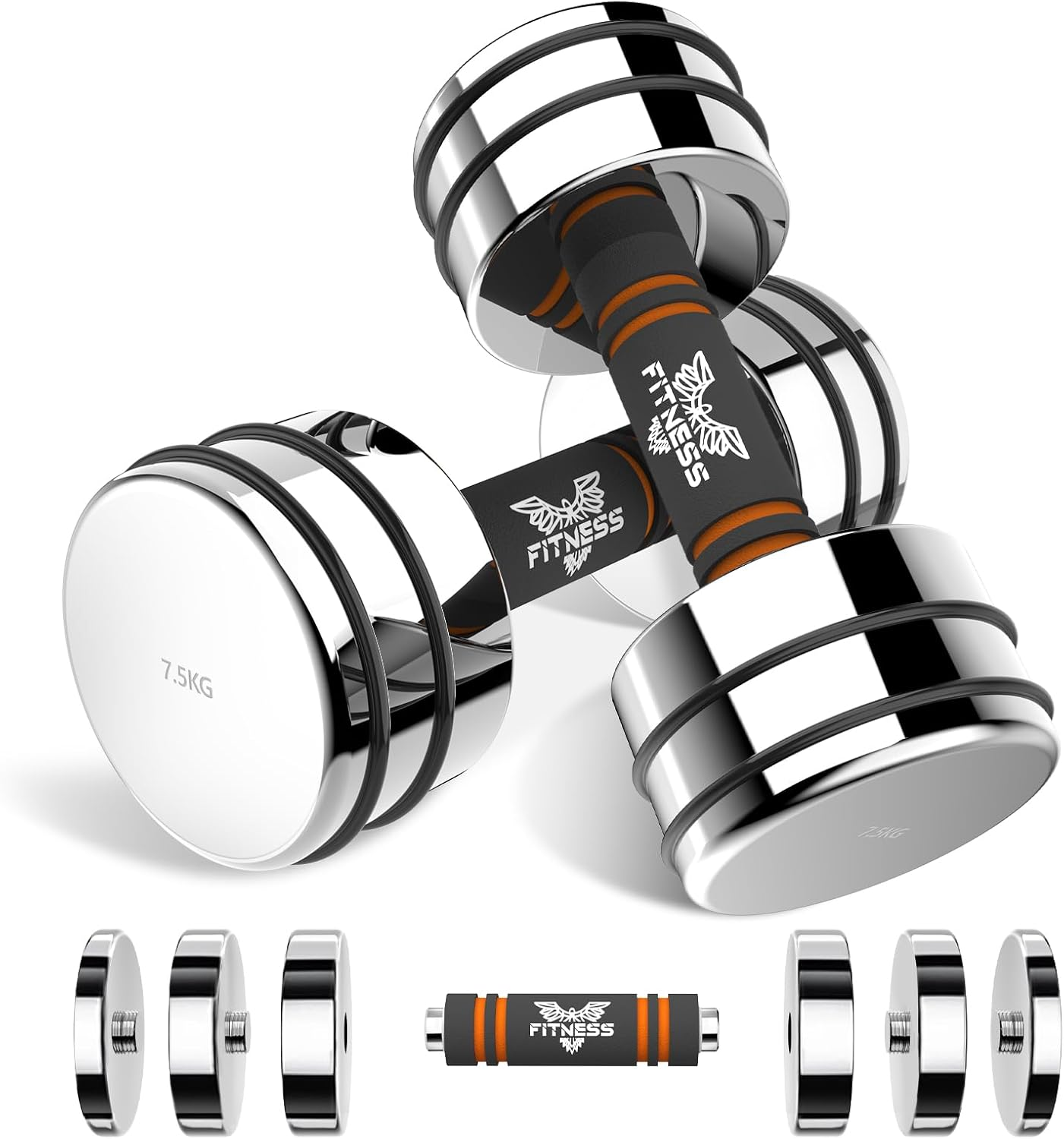 Dwie srebrne hantle z czarnymi i pomarańczowymi uchwytami. Waga to 7,5 KG.