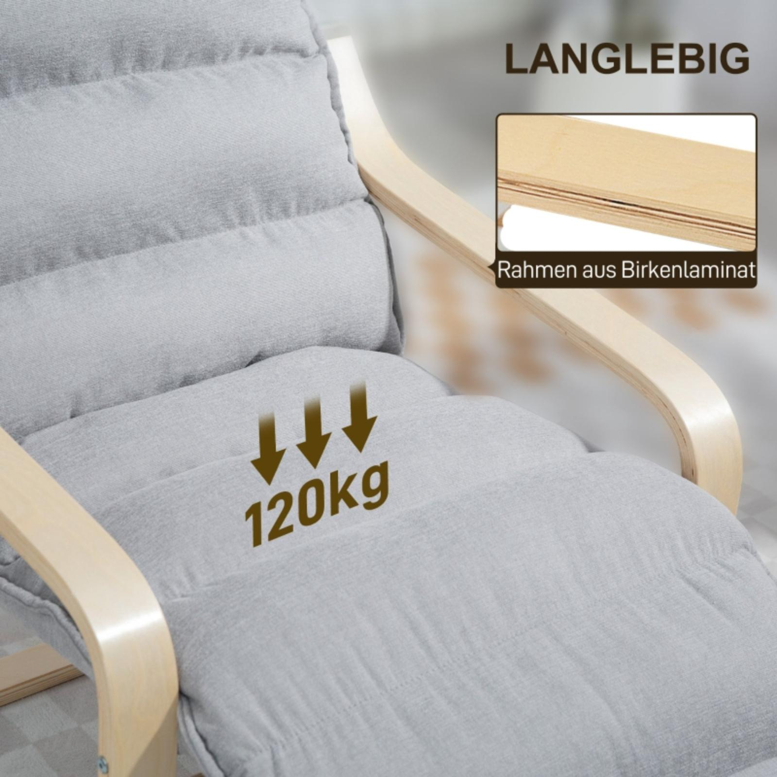 Nahaufnahme eines grau gepolsterten Stuhls mit Holzrahmen. Der Stuhl ist für 120 kg ausgelegt.