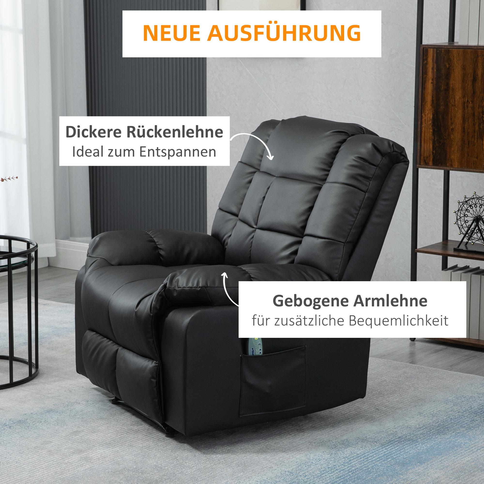 Ein schwarzer Ledersessel mit Seitentasche in einem Wohnzimmer.