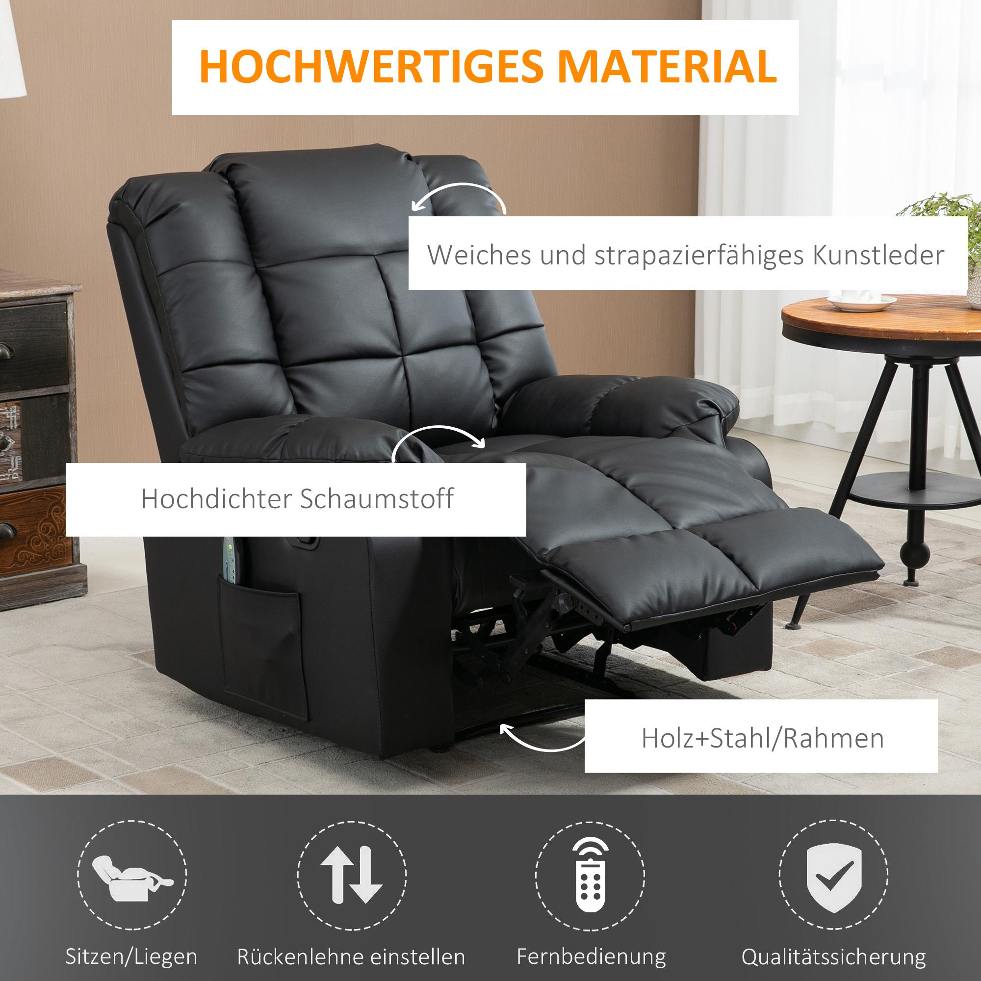 Ein schwarzer Ledersessel mit ausgefahrener Fußstütze in einem Wohnzimmer.