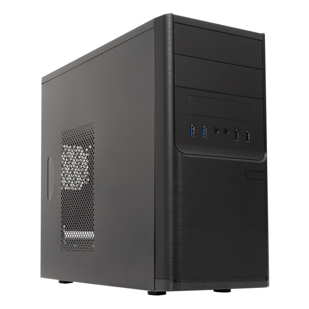 Un case per computer nero su sfondo bianco. Ha un pannello laterale a rete e porte frontali. Il case è rettangolare.