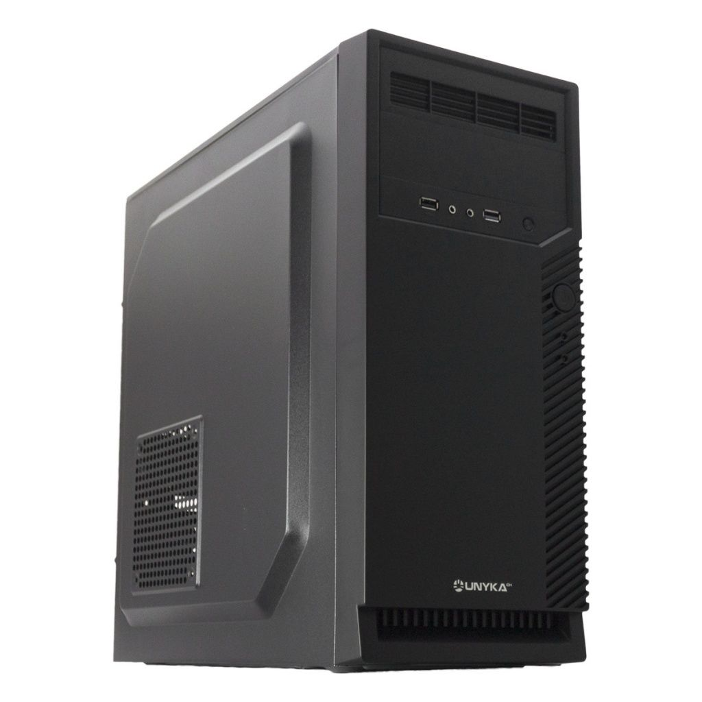 Una torre de computadora negra de pie, con un botón de encendido y puertos en la parte frontal.