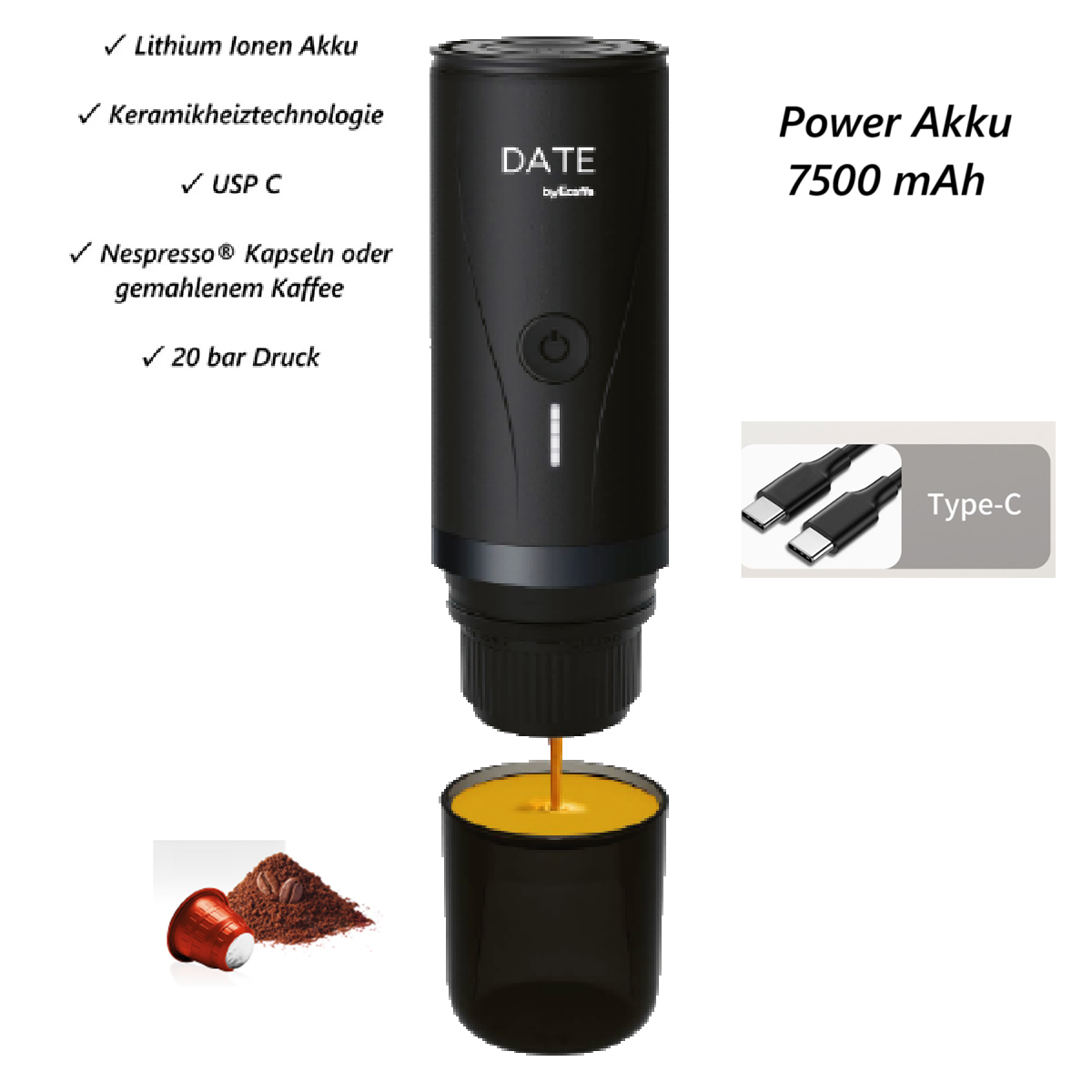 Schwarze tragbare Espressomaschine mit Tasse und Kaffeepulver. Zu den Merkmalen gehören USB-C und 20 bar Druck.