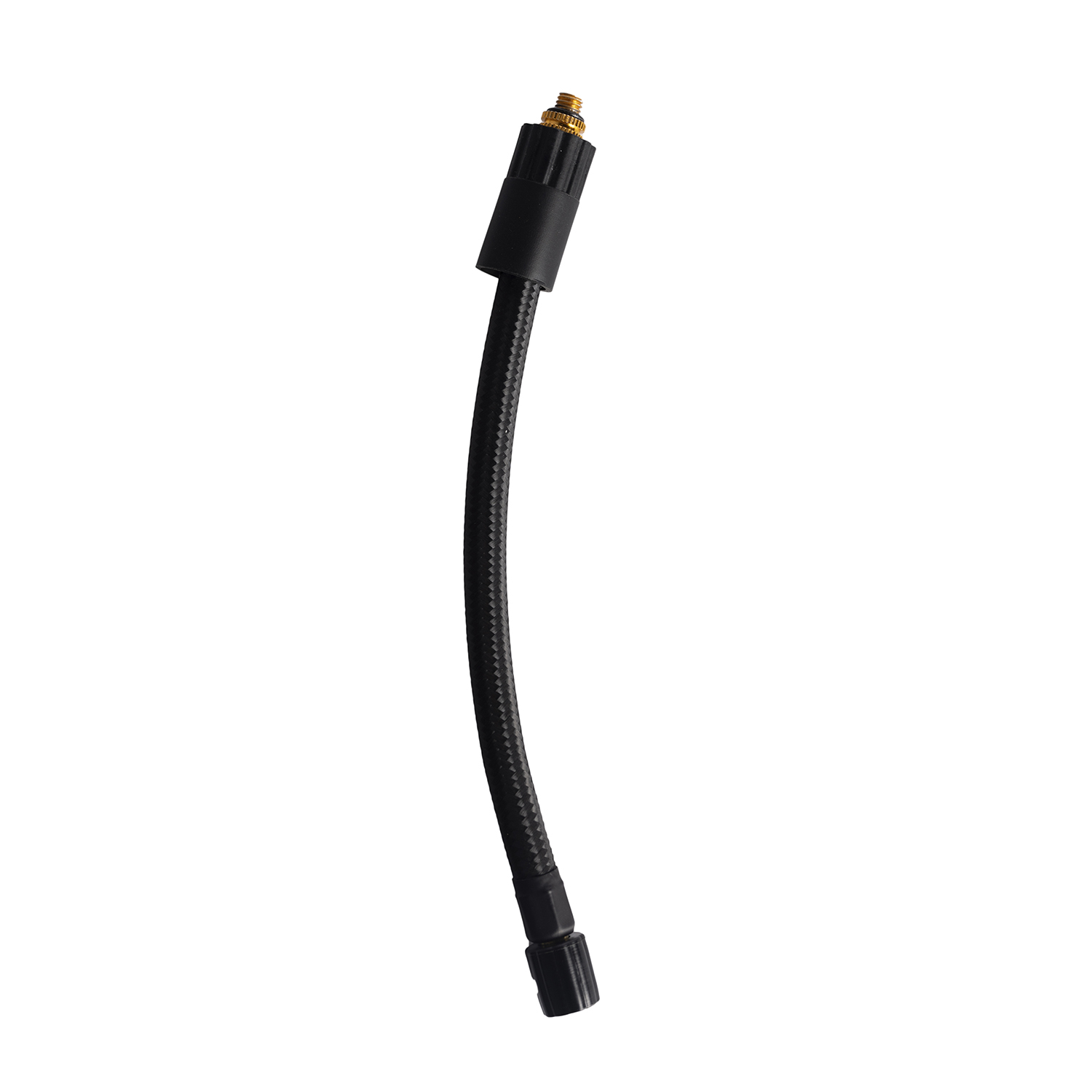 Een zwarte flexibele slang met een connector op een witte achtergrond.
