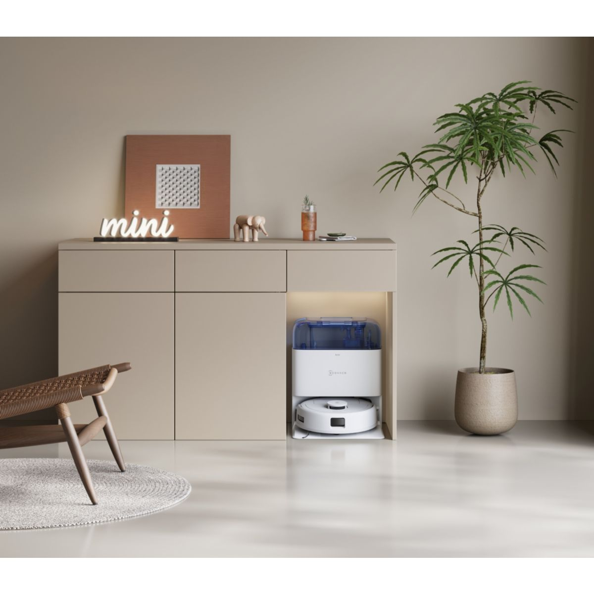 Scena pokoju z beżową szafką, robotem sprzątającym, rośliną i krzesłem.