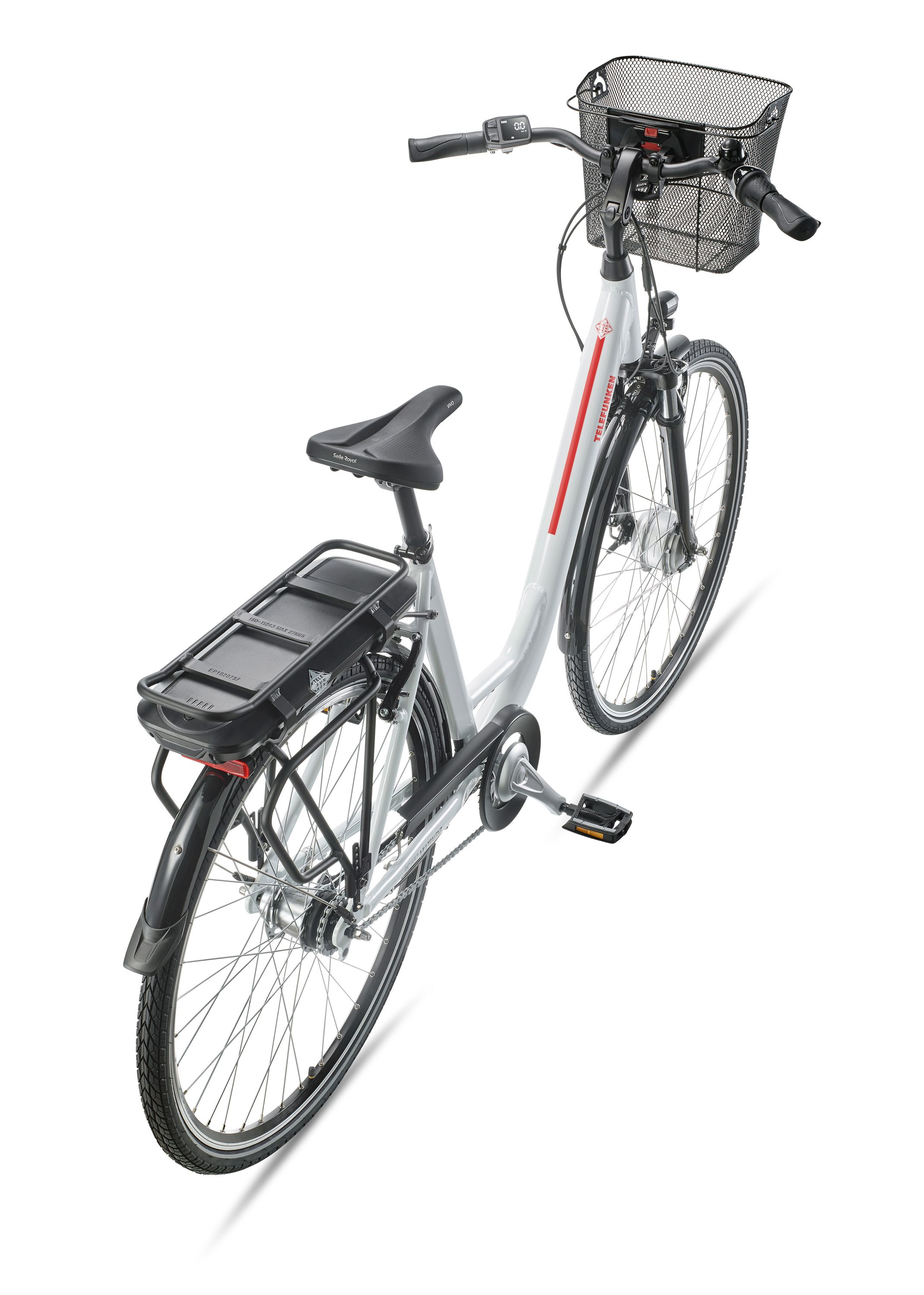 Ein weißer Telefunken E-Bike-Lenker verfügt über ein Display, einen Korb und Handgriffe vor einem weißen Hintergrund.