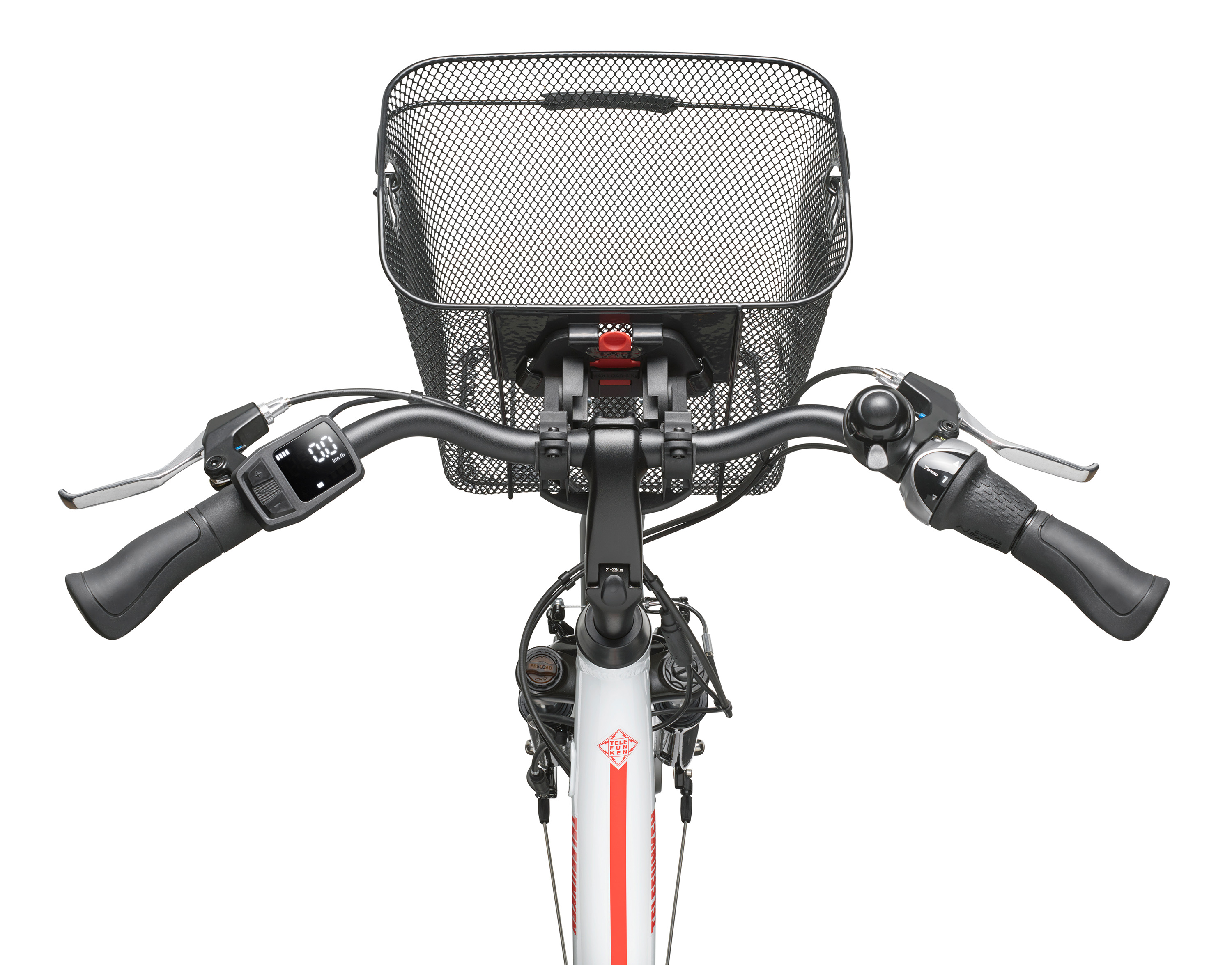 Ein Telefunken E-City E-Bike hat einen Akku, einen Motor, ein Display und eine Federgabel auf weißem Hintergrund.