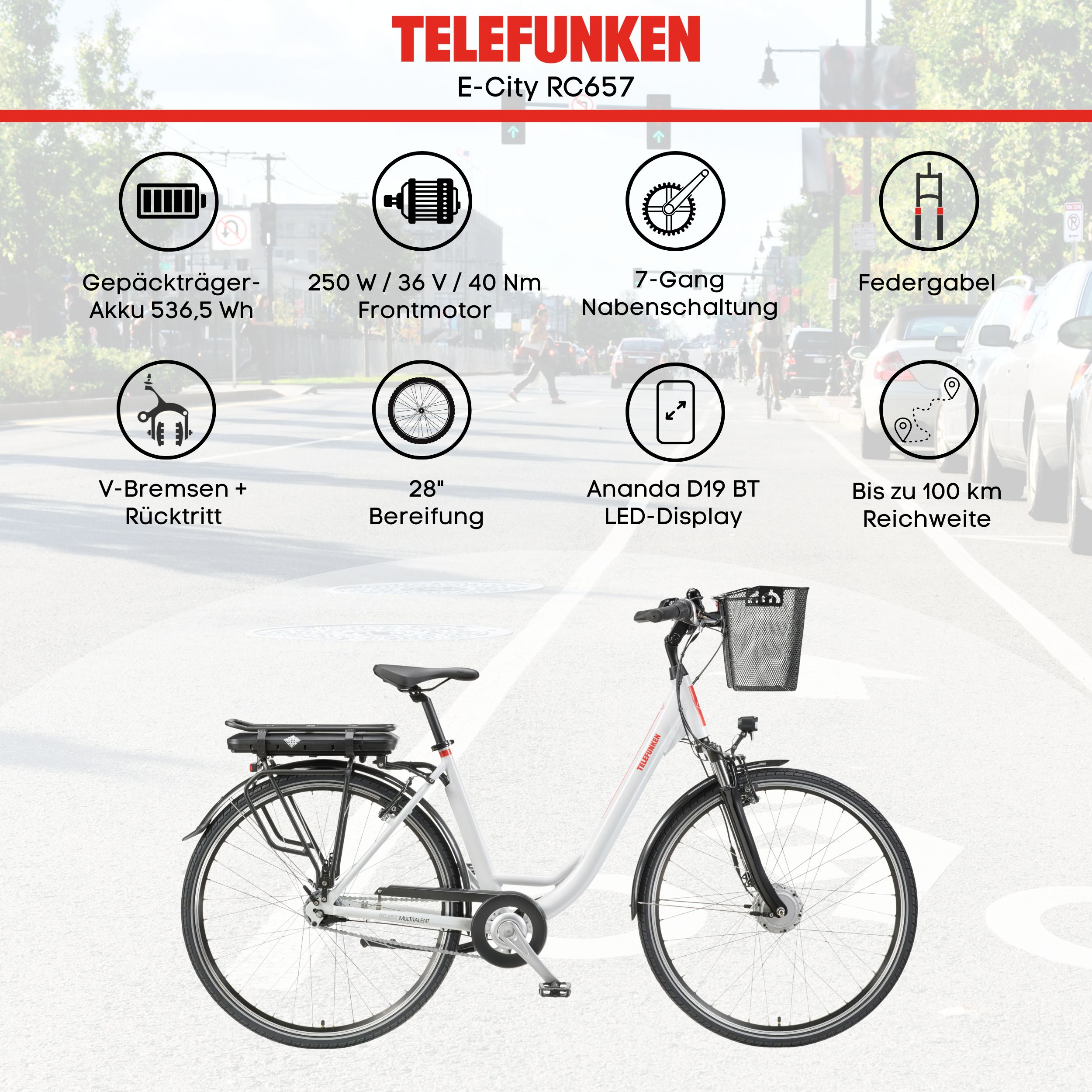 Ein Bild zeigt die Telefunken Ebike-Funktionen, einschließlich der Federgabel für optimale Kontrolle.