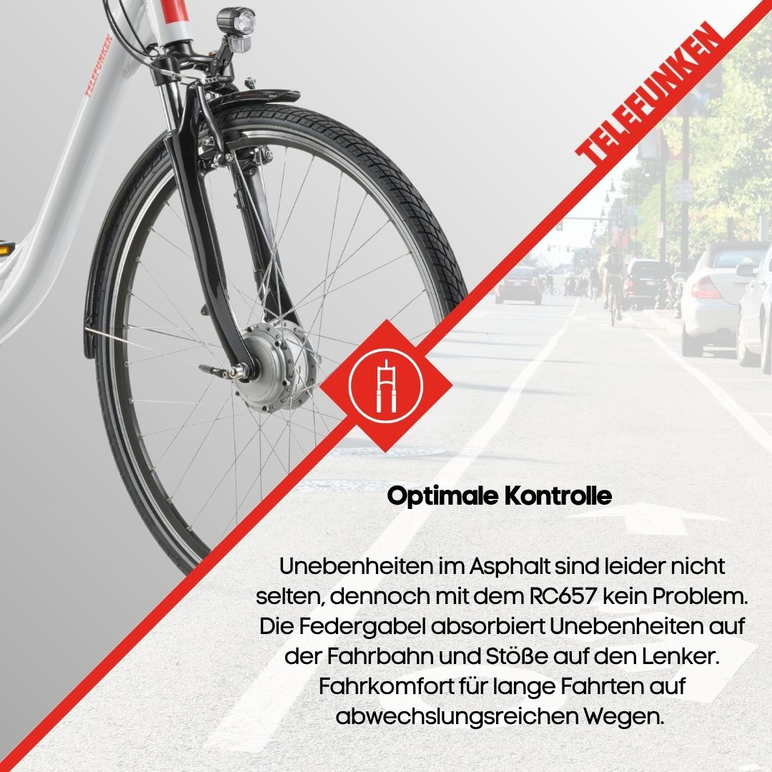 Eine Telefunken E-Bike Service-Anzeige zeigt eine Frau, die an einem Fahrrad arbeitet, und einen Kundendienstmitarbeiter.