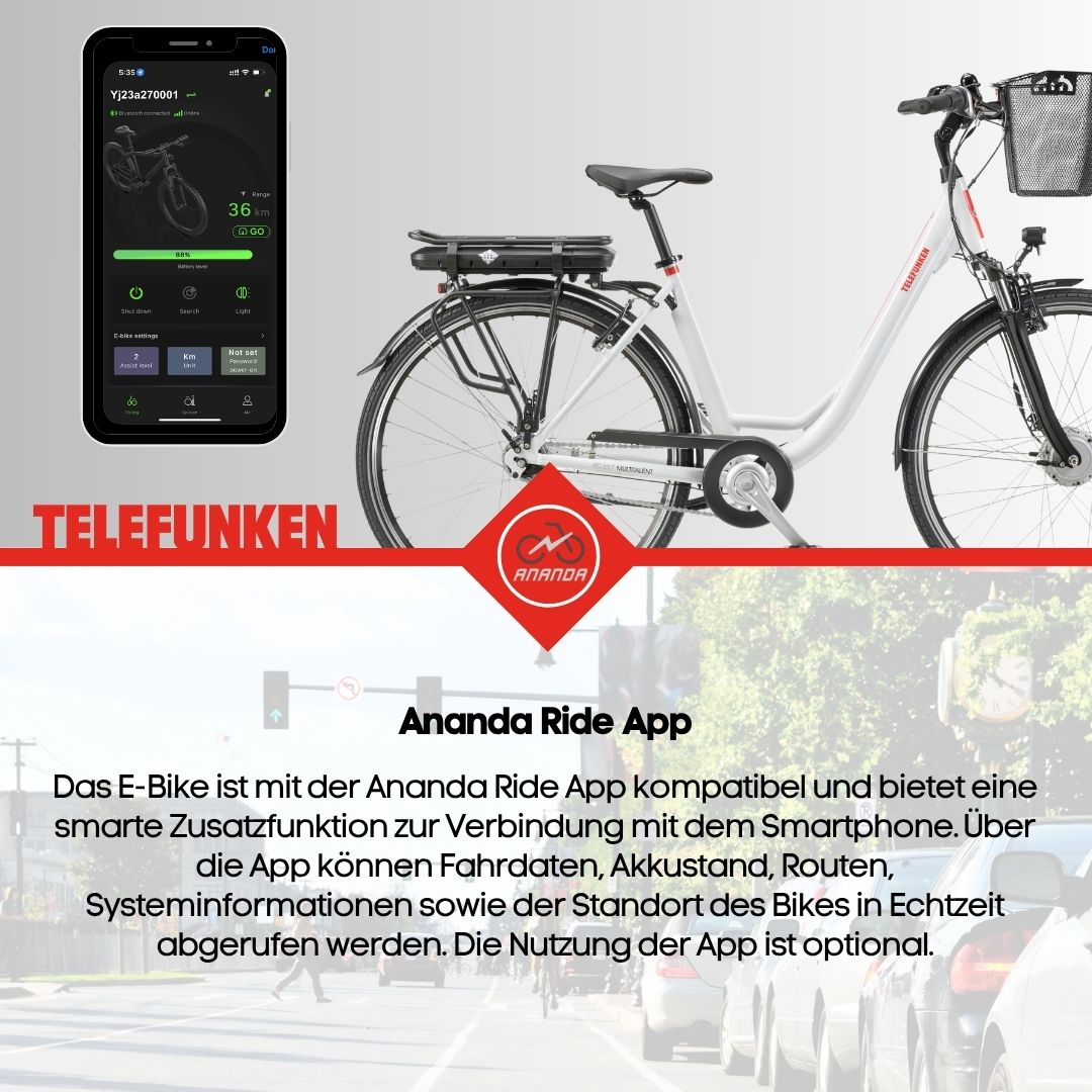 Ein schwarzes Telefunken E-Bike wird neben einem Smartphone mit der App-Oberfläche angezeigt.
