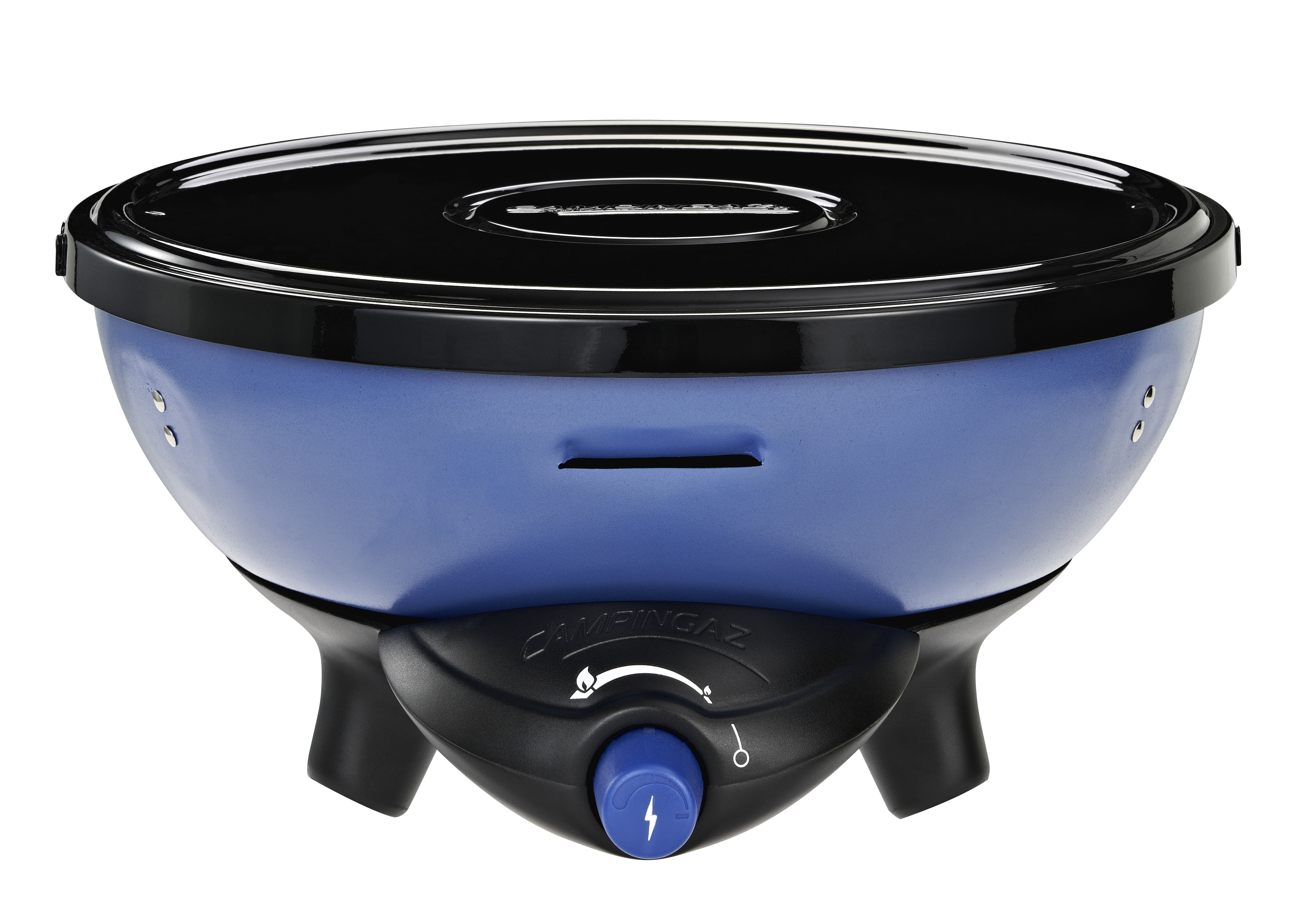 Niebieski grill z czarną pokrywą na białym tle.
