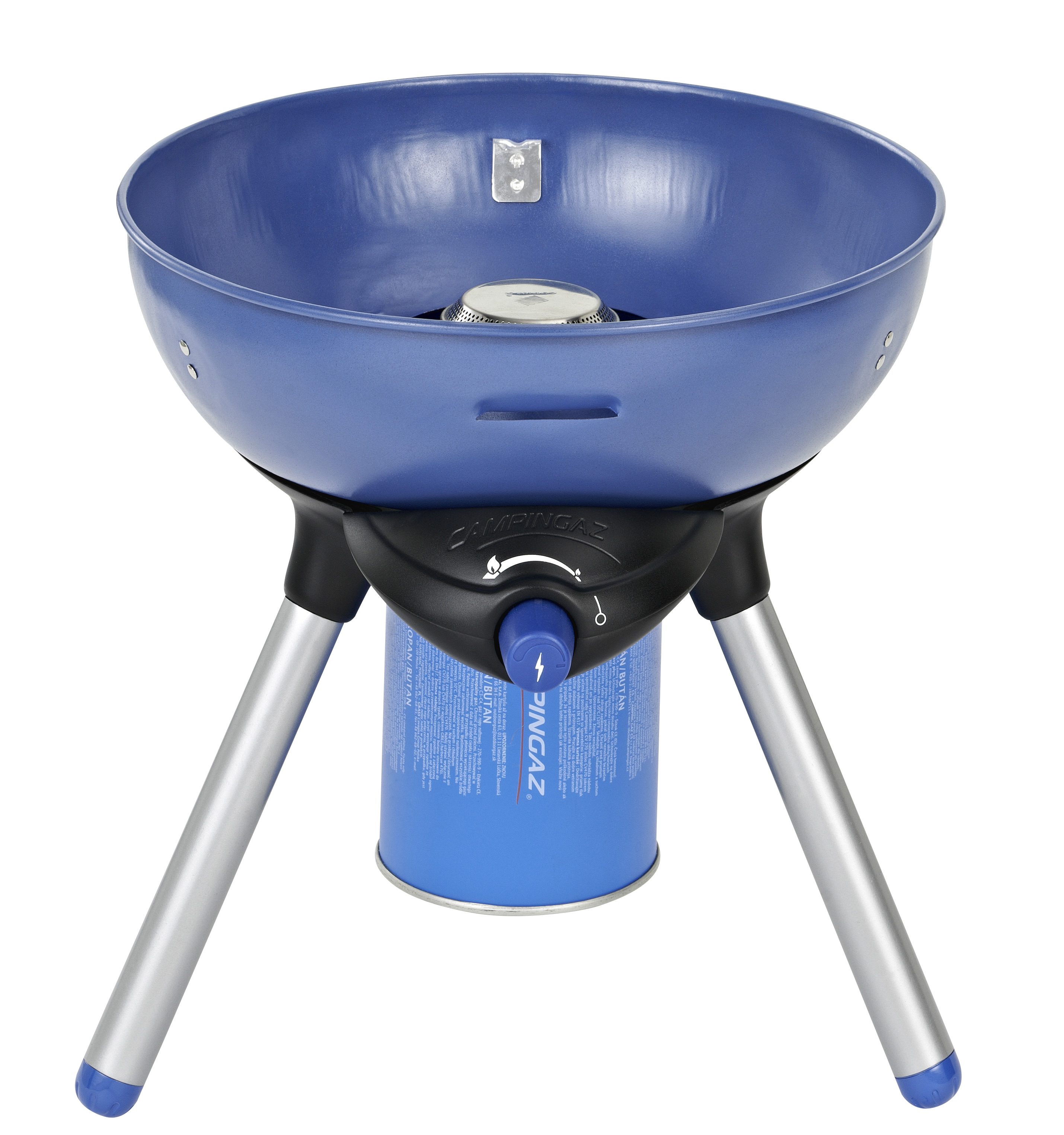 Niebieski grill Campingaz na białym tle.
