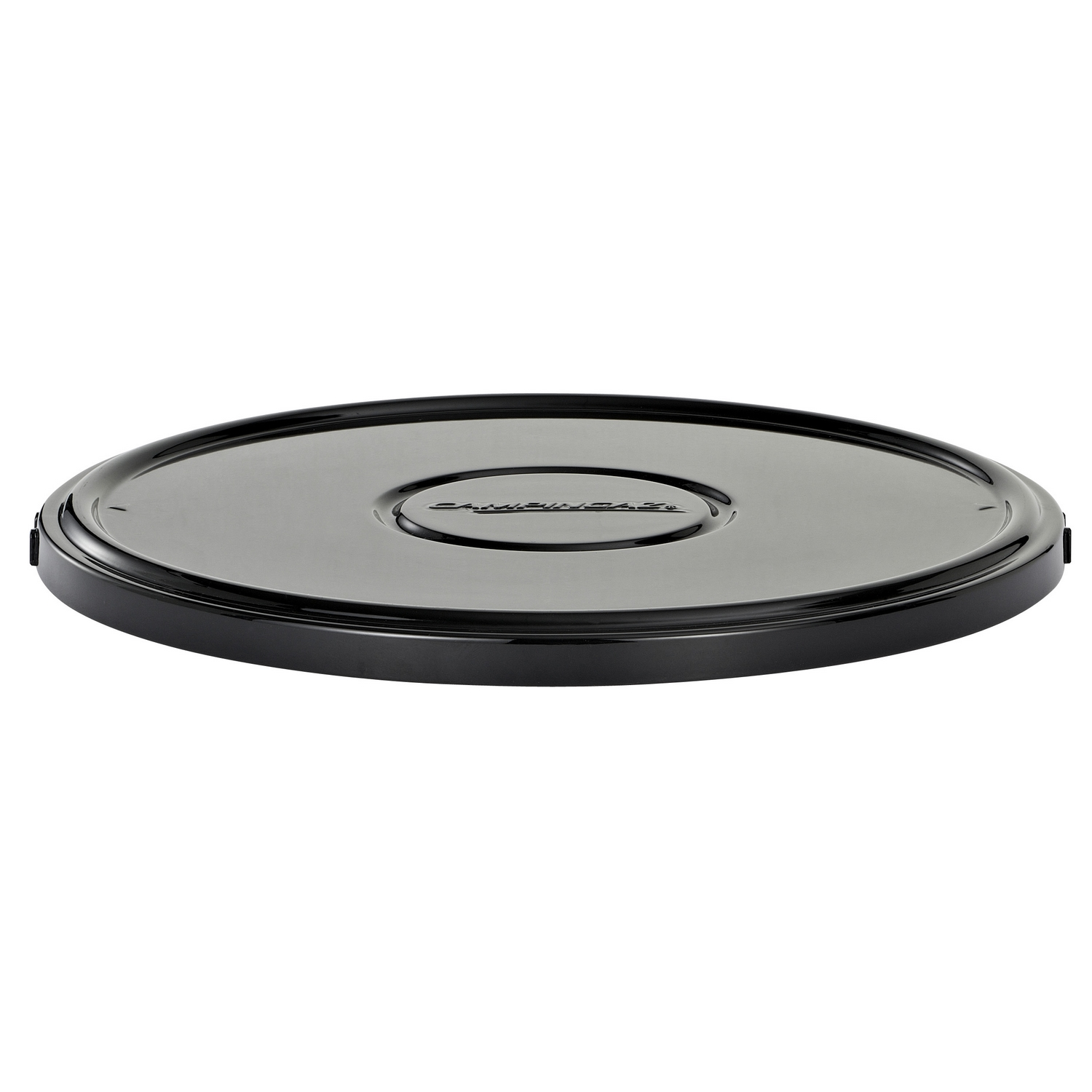 Czarna okrągła pokrywa na białym tle.