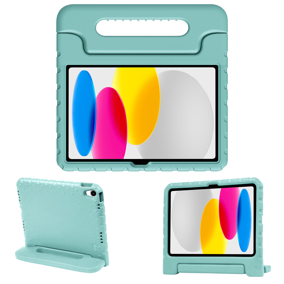 De afbeelding toont een turquoise tabletcase met kleurrijke ovalen op het scherm en een handvat aan de bovenkant.