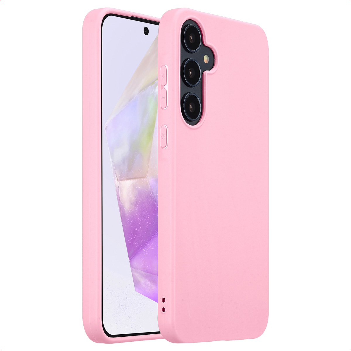 De afbeelding toont een roze telefoonhoesje tegen een lichte achtergrond, met een gedeeltelijk zicht op een telefoonscherm.