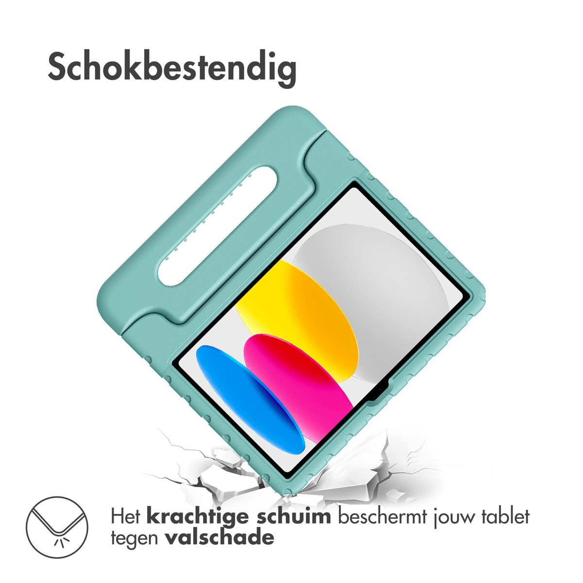 Teal tablet hoesje met handvat. Het scherm toont gekleurde vormen. Tekst: 'Schokbestendig'.