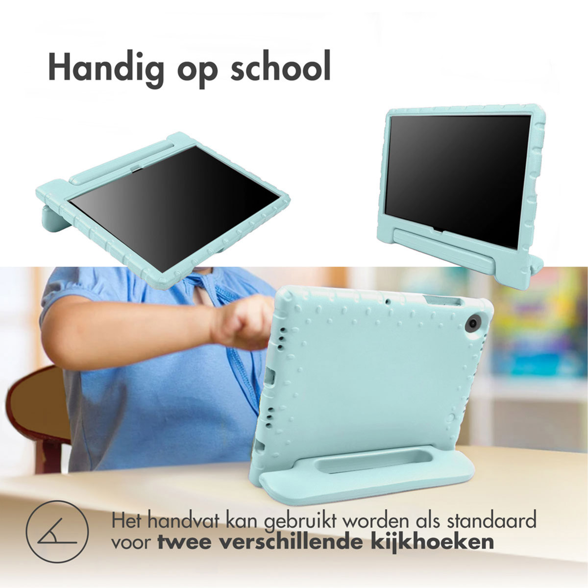 Tablets in teal hoesjes, verschillende hoeken. Tekst: 'Handig op school'. Eentje met een standaard.
