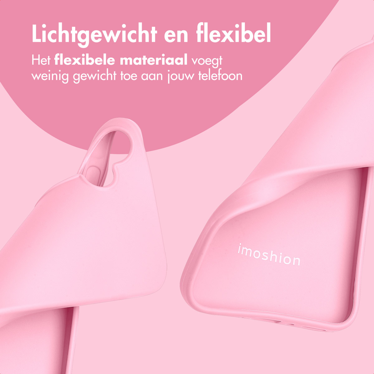 Roze telefoonhoesje met het woord 'imoshion' zichtbaar. Tekst: 'Lichtgewicht en flexibel'.