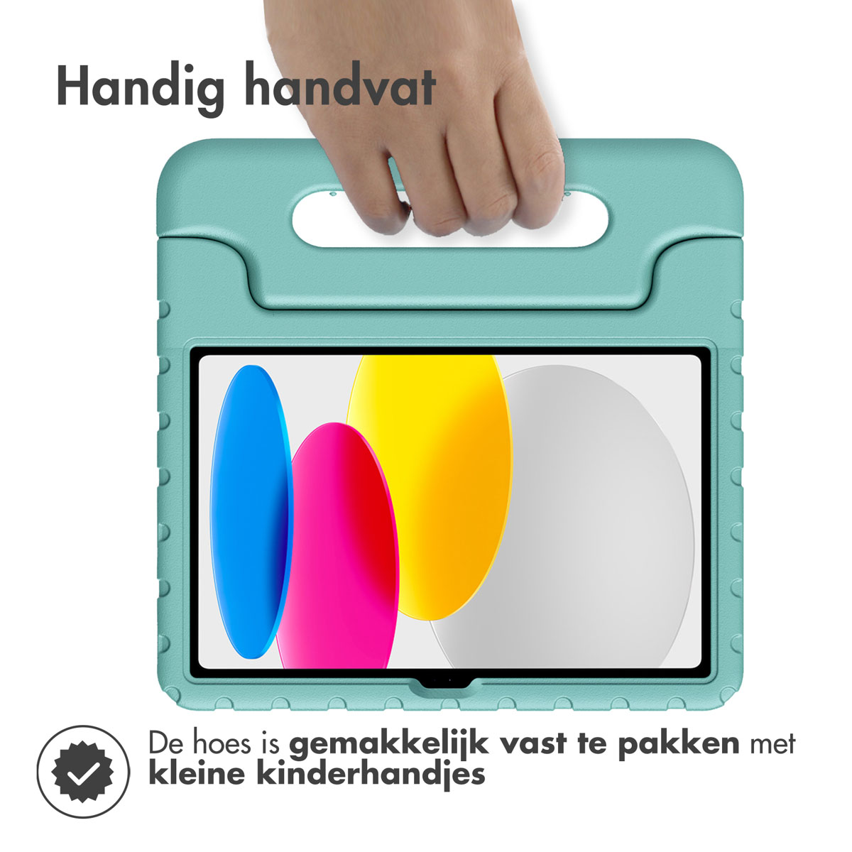Teal tablet hoesje met handvat en kleurrijk scherm. Tekst: 'Gemakkelijk vast te pakken met kleine kinderhandjes'.