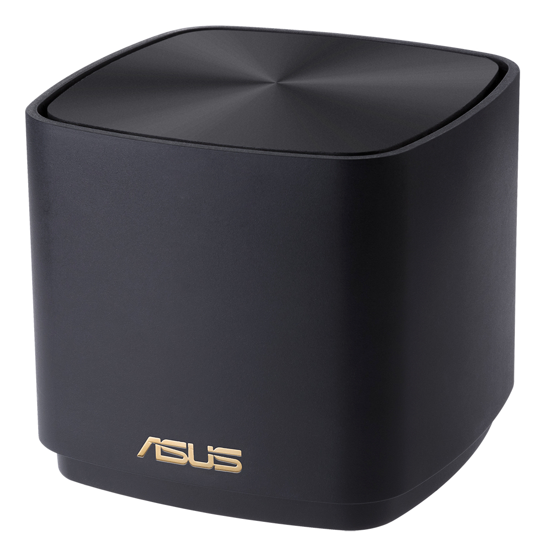 Mały, czarny, kwadratowy router z logo ASUS w kolorze złotym. Ma okrągłą górę.
