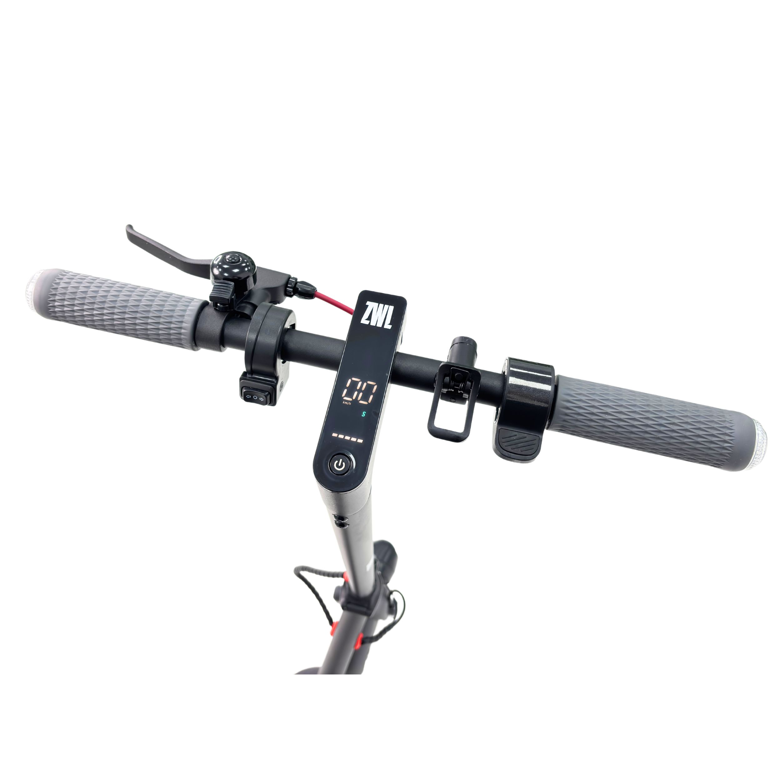 Un manillar de scooter negro y gris con controles, una pantalla digital y un agarre gris.