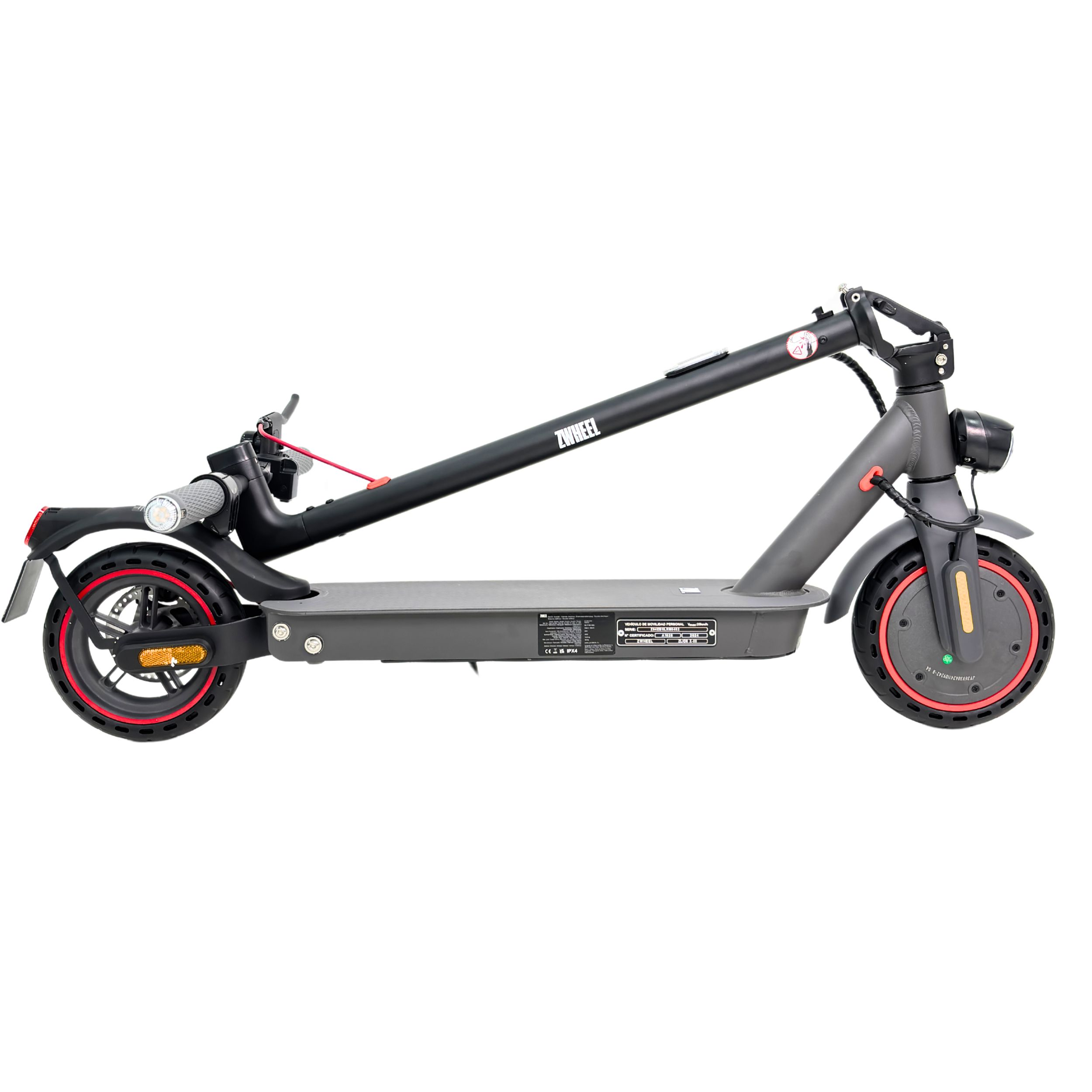 Patinete eléctrico en vista de perfil, con marco negro, plataforma gris y detalles rojos en las ruedas.