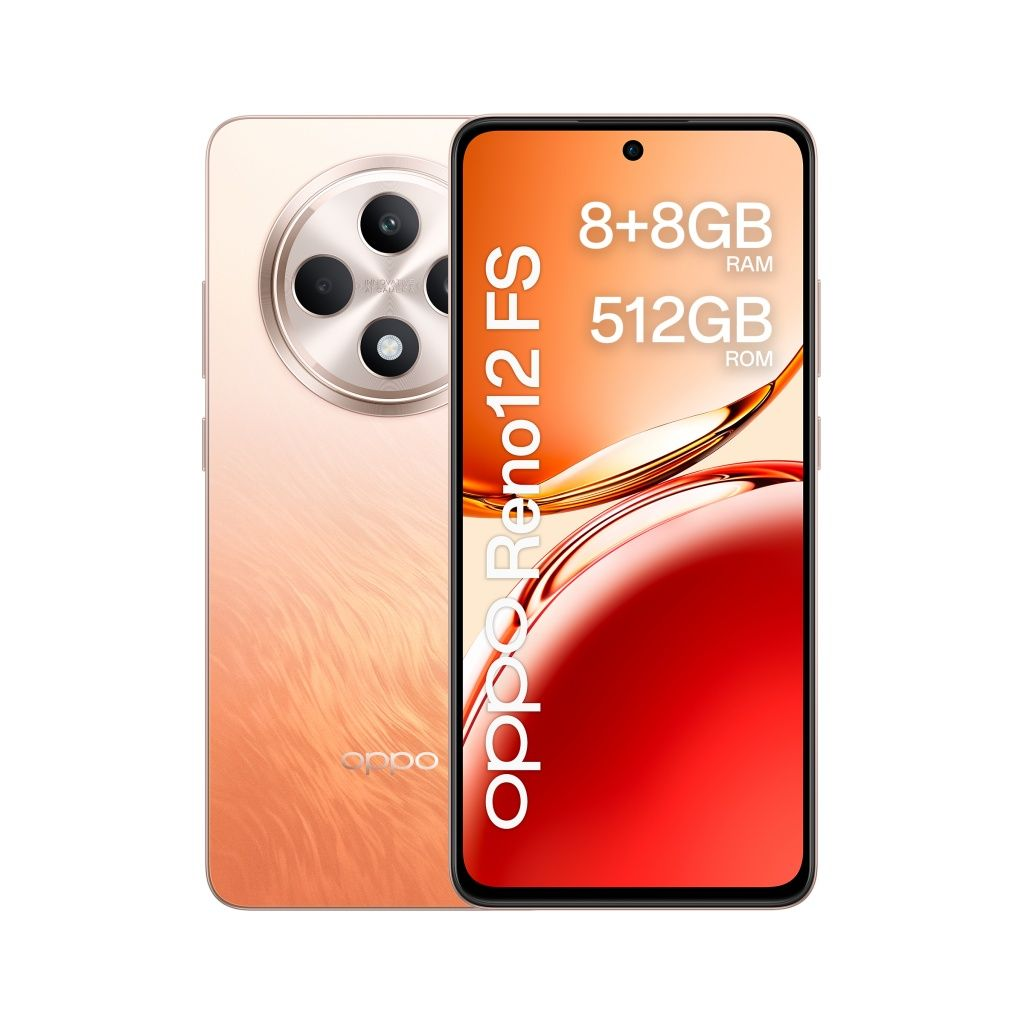 Gold-oranges Oppo Reno12 FS-Telefon. Die Rückseite hat Kameras. Der Bildschirm zeigt Name und Spezifikationen.