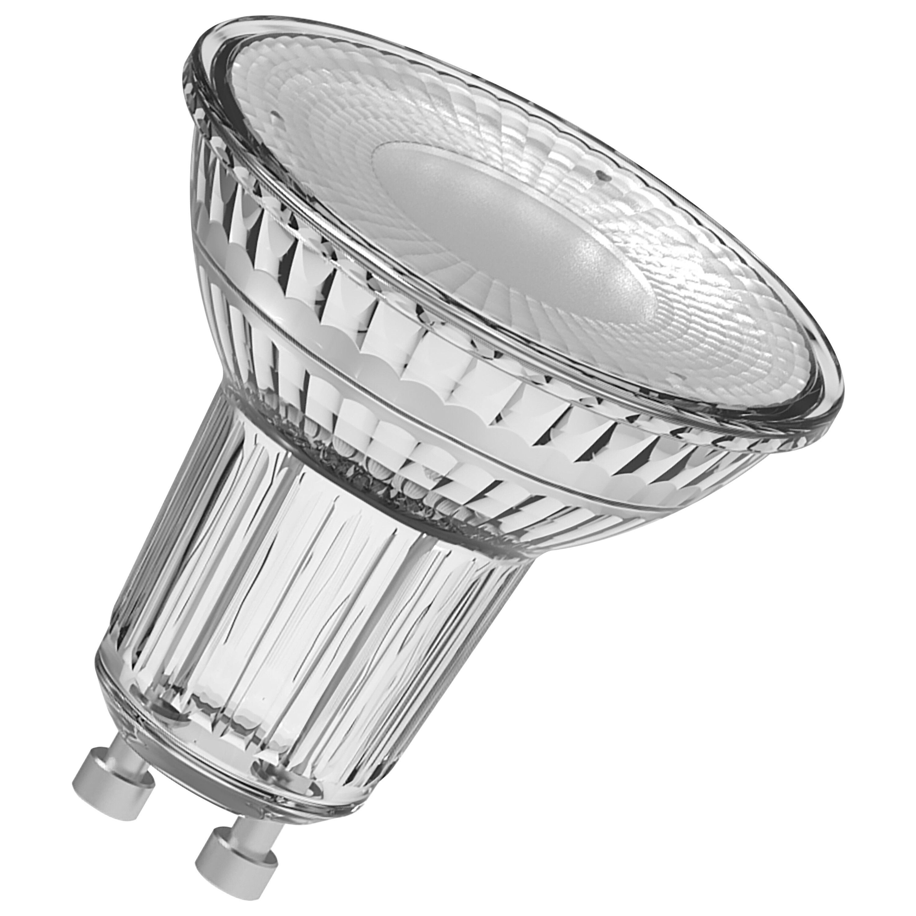 Eine transparente Glühbirne mit zwei Metallstiften. Sie hat eine reflektierende Innenfläche.